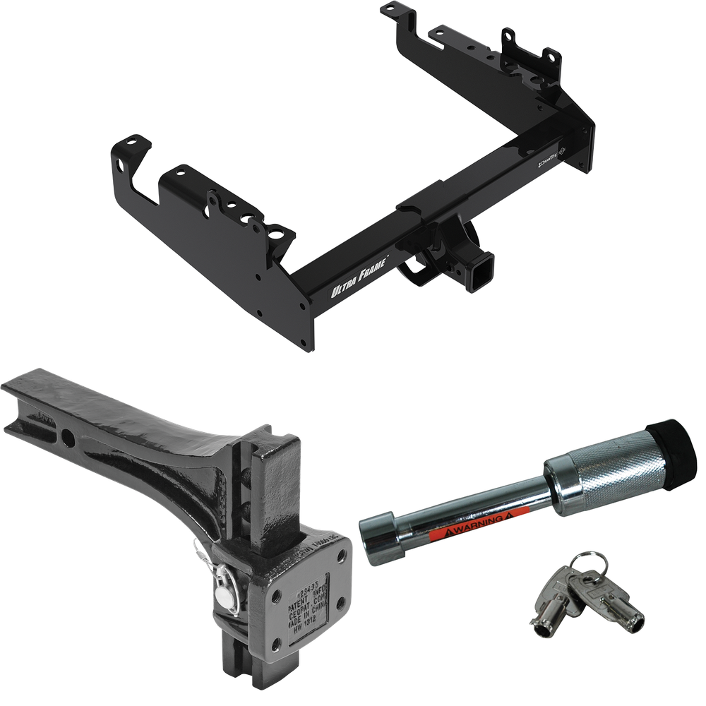 Fits 2019-2023 Ford F-550 Super Duty Trailer Hitch Tow PKG w/ Adjustable Pintle Hook Mounting Plate + Hitch Lock (For Cab & Chassis, w/34" Wide Frames Models) By Draw-Tite