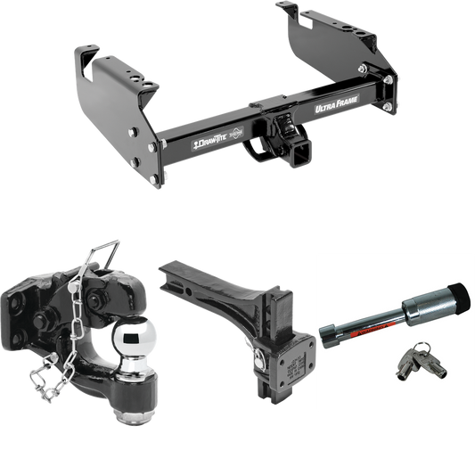 Fits 1999-2019 Ford F-350 Super Duty Trailer Hitch Tow PKG w/ Adjustable Pintle Hook Mounting Plate + Pintle Hook & 2" Ball Combination + Hitch Lock (For Cab & Chassis, w/34" Wide Frames Models) By Draw-Tite