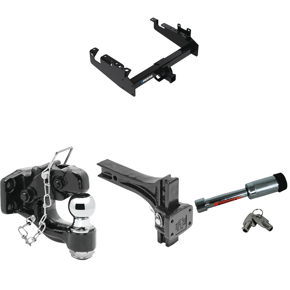 Fits 2019-2023 Ford F-350 Super Duty Trailer Hitch Tow PKG w/ Adjustable Pintle Hook Mounting Plate + Pintle Hook & 2" Ball Combination + Hitch Lock (For Cab & Chassis, w/34" Wide Frames Models) By Reese Towpower