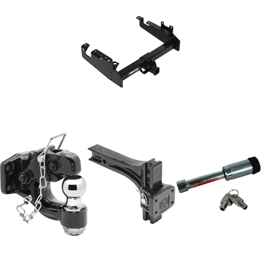 Fits 2019-2023 Ford F-350 Super Duty Trailer Hitch Tow PKG w/ Adjustable Pintle Hook Mounting Plate + Pintle Hook & 2" Ball Combination + Hitch Lock (For Cab & Chassis, w/34" Wide Frames Models) By Reese Towpower