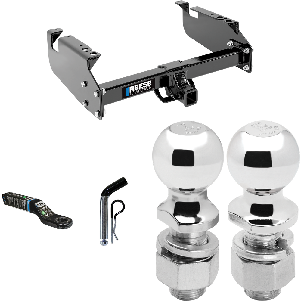 Fits 1999-2019 Ford F-550 Super Duty Trailer Hitch Tow PKG w/ Ball Mount w/ 2" Drop + Pin/Clip + 2" Ball + 2-5/16" Ball (For Cab & Chassis, w/34" Wide Frames Models) By Reese Towpower