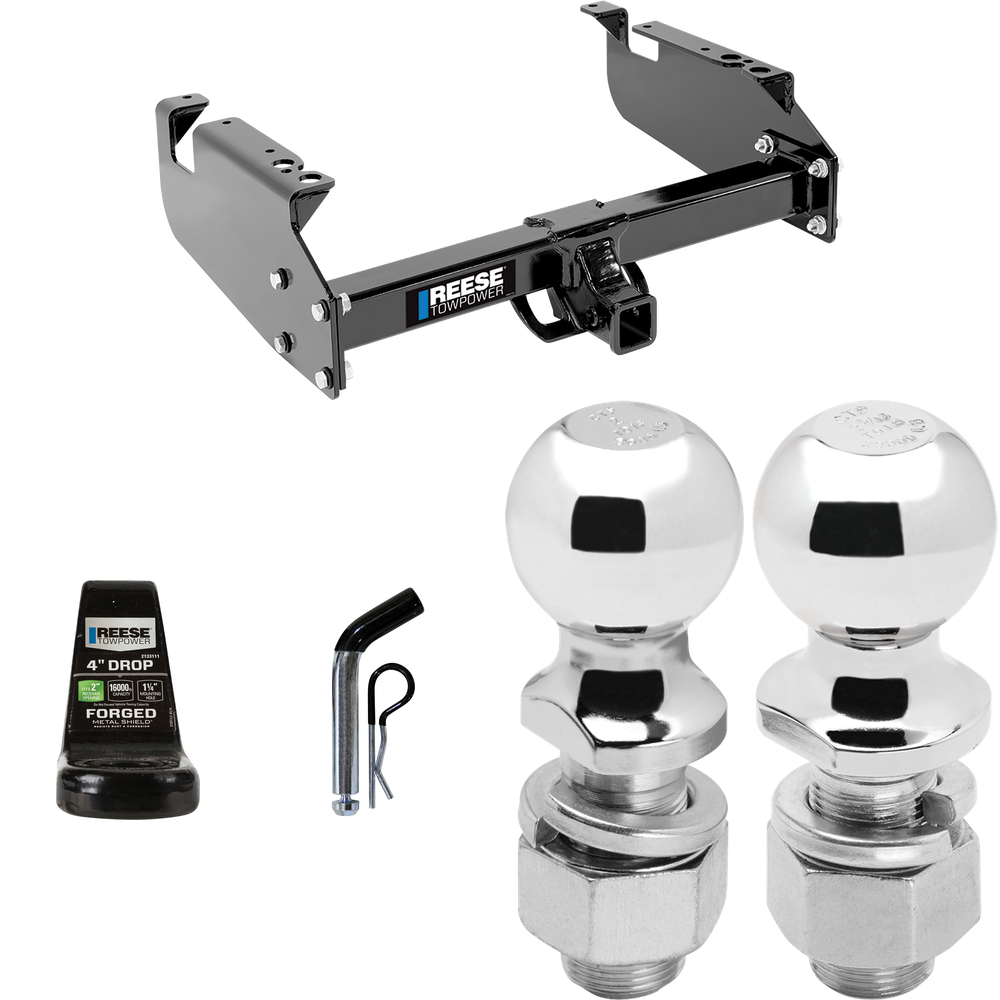 Fits 1999-2019 Ford F-350 Super Duty Trailer Hitch Tow PKG w/ Ball Mount w/ 4" Drop + Pin/Clip + 2" Ball + 2-5/16" Ball (For Cab & Chassis, w/34" Wide Frames Models) By Reese Towpower