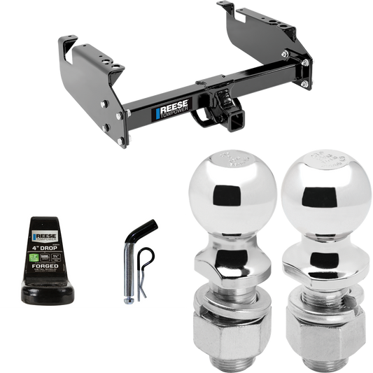 Fits 1999-2019 Ford F-350 Super Duty Trailer Hitch Tow PKG w/ Ball Mount w/ 4" Drop + Pin/Clip + 2" Ball + 2-5/16" Ball (For Cab & Chassis, w/34" Wide Frames Models) By Reese Towpower