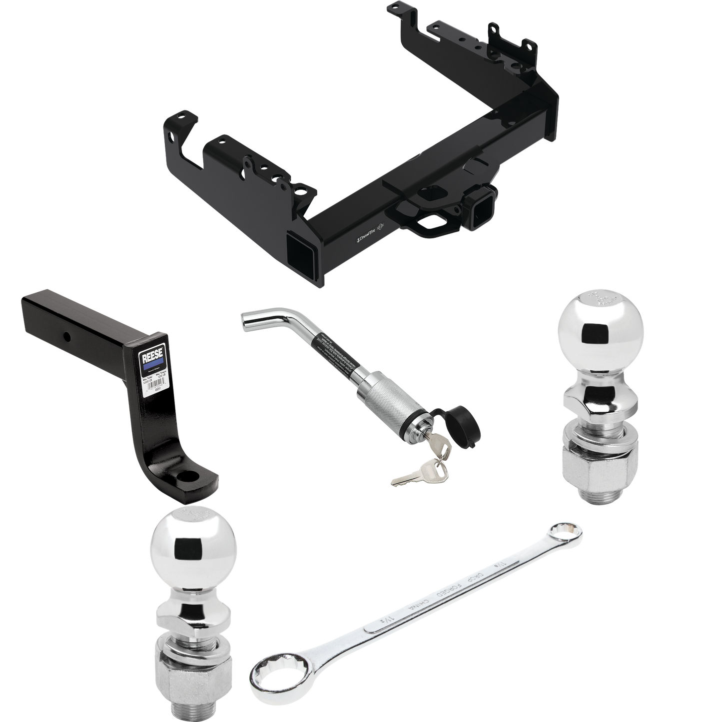 Fits 2019-2023 Ford F-550 Super Duty Trailer Hitch Tow PKG w/ Ball Mount w/ 7-3/4" Drop + Hitch Lock + 2" Ball + 2-5/16" Ball + Ball Wrench + Ball Lube (For Cab & Chassis, w/34" Wide Frames Models) By Draw-Tite