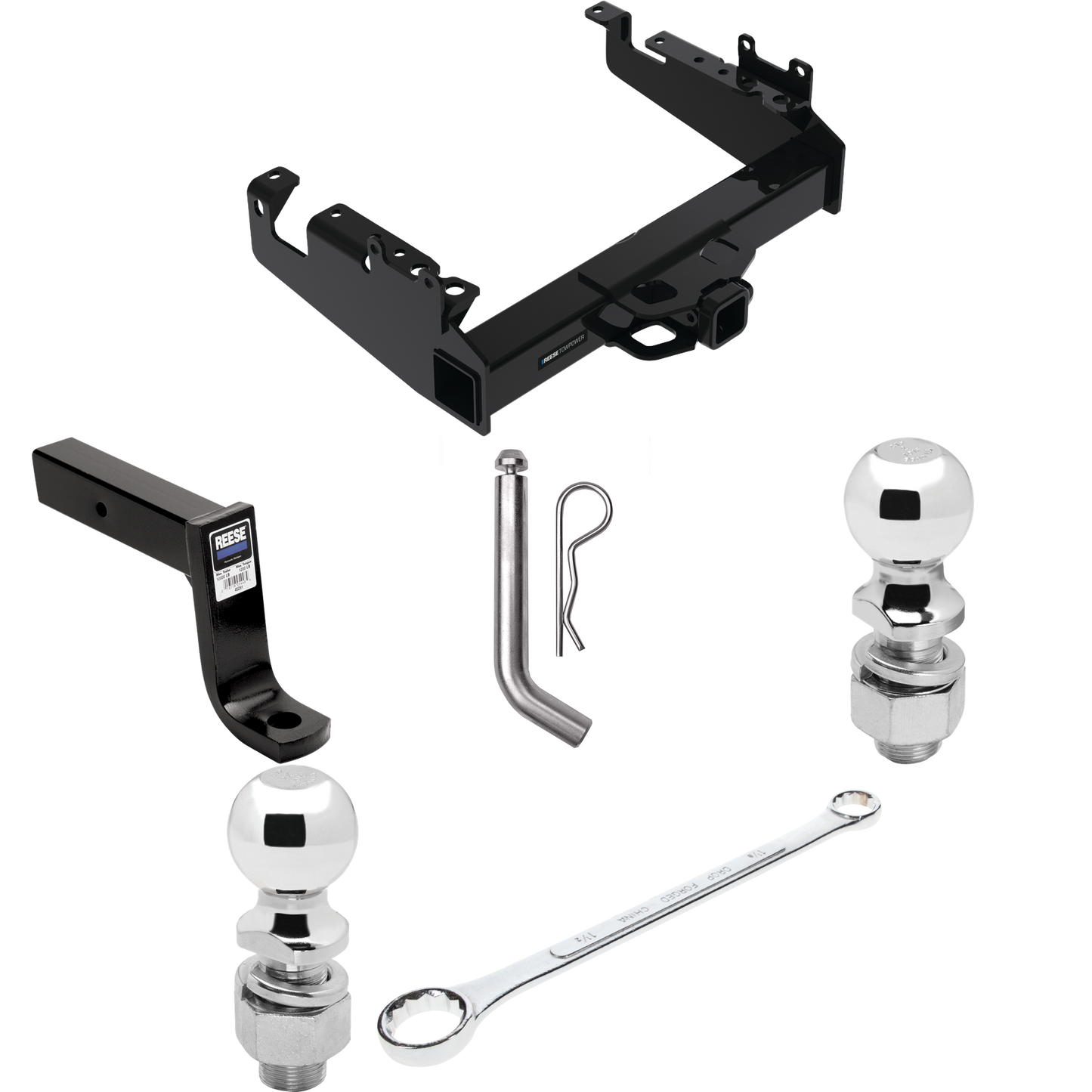 Fits 2019-2023 Ford F-350 Super Duty Trailer Hitch Tow PKG w/ Ball Mount w/ 7-3/4" Drop + Pin/Clip + 2" Ball + 2-5/16" Ball + Ball Wrench + Ball Lube (For Cab & Chassis, w/34" Wide Frames Models) By Reese Towpower