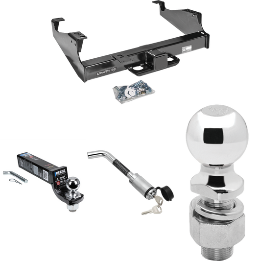 Fits 1999-2000 Ford F-350 Super Duty Trailer Hitch Tow PKG w/ Interlock Ball Mount Starter Kit 3" Drop w/ 2" Ball + Hitch Lock + 2-5/16" Ball + Hitch Lock (For Cab & Chassis, w/34" Wide Frames Models) By Draw-Tite