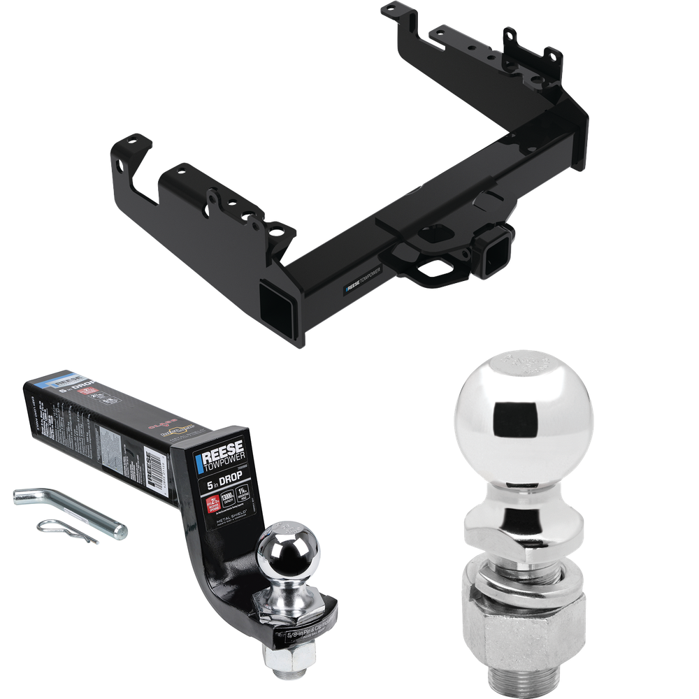 Fits 2019-2023 Ford F-350 Super Duty Trailer Hitch Tow PKG w/ Interlock Ball Mount Starter Kit 5" Drop w/ 2" Ball + 2-5/16" Ball (For Cab & Chassis, w/34" Wide Frames Models) By Reese Towpower