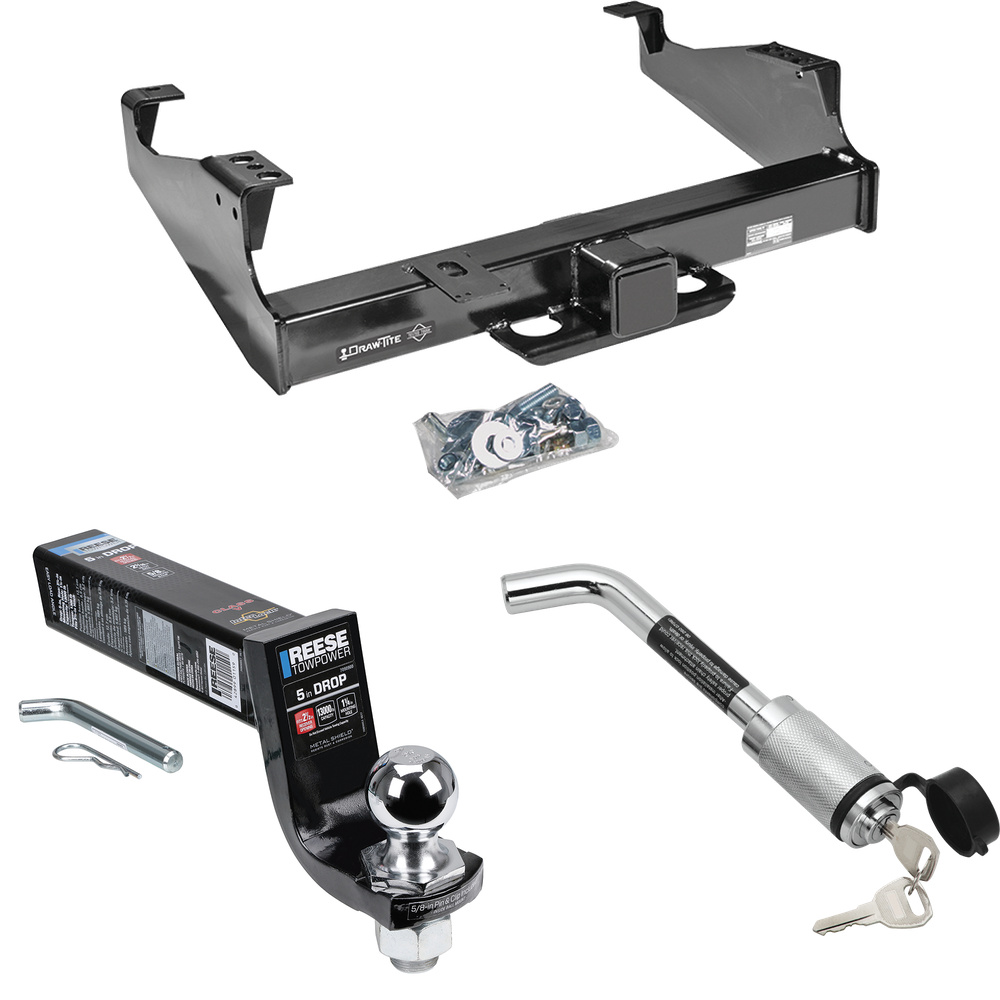 Fits 1999-2000 Ford F-350 Super Duty Trailer Hitch Tow PKG w/ Interlock Ball Mount Starter Kit 5" Drop w/ 2" Ball + Hitch Lock (For Cab & Chassis, w/34" Wide Frames Models) By Draw-Tite