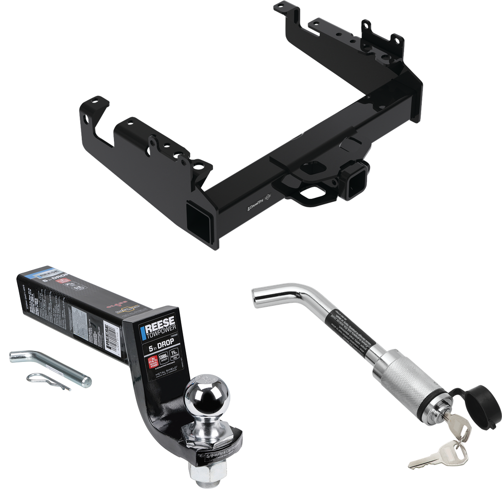 Fits 2019-2023 Ford F-350 Super Duty Trailer Hitch Tow PKG w/ Interlock Ball Mount Starter Kit 5" Drop w/ 2" Ball + Hitch Lock (For Cab & Chassis, w/34" Wide Frames Models) By Draw-Tite