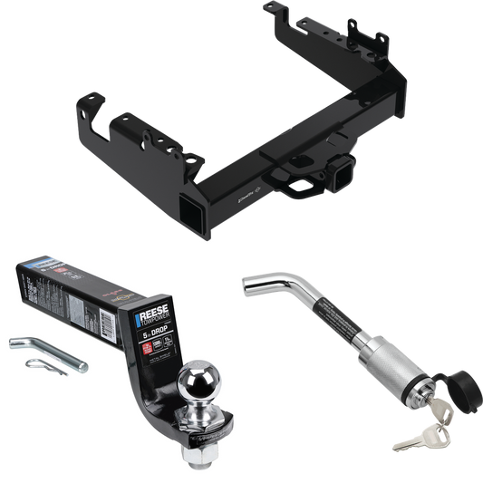 Fits 2019-2023 Ford F-350 Super Duty Trailer Hitch Tow PKG w/ Interlock Ball Mount Starter Kit 5" Drop w/ 2" Ball + Hitch Lock (For Cab & Chassis, w/34" Wide Frames Models) By Draw-Tite