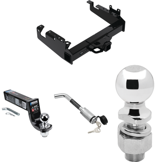 Fits 2019-2023 Ford F-550 Super Duty Trailer Hitch Tow PKG w/ Interlock Ball Mount Starter Kit 5" Drop w/ 2" Ball + Hitch Lock + 2-5/16" Ball + Hitch Lock (For Cab & Chassis, w/34" Wide Frames Models) By Reese Towpower