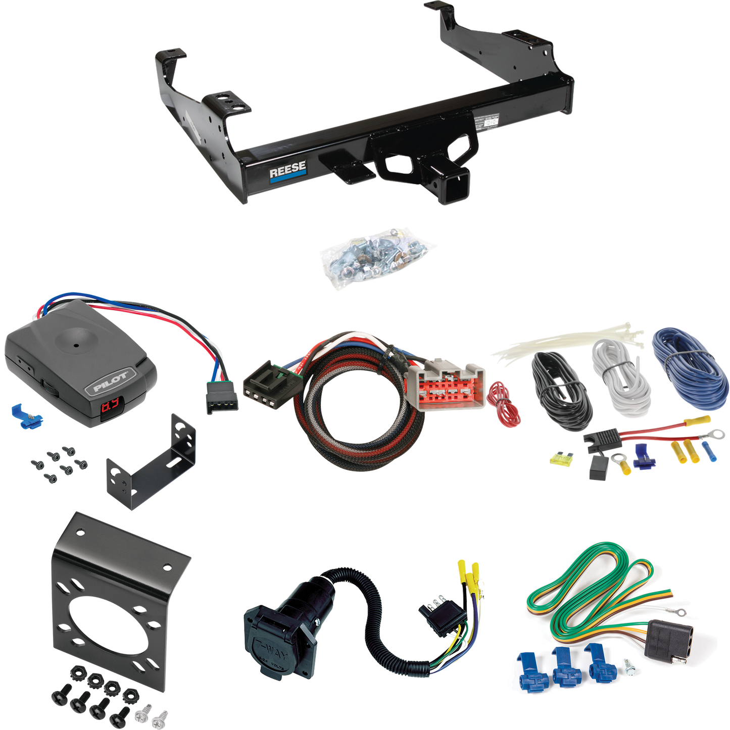 Fits 1999-2000 Ford F-350 Super Duty Trailer Hitch Tow PKG w/ Pro Series Pilot Brake Control + Plug & Play BC Adapter + 7-Way RV Wiring (For Cab & Chassis, w/34" Wide Frames Models) By Reese Towpower