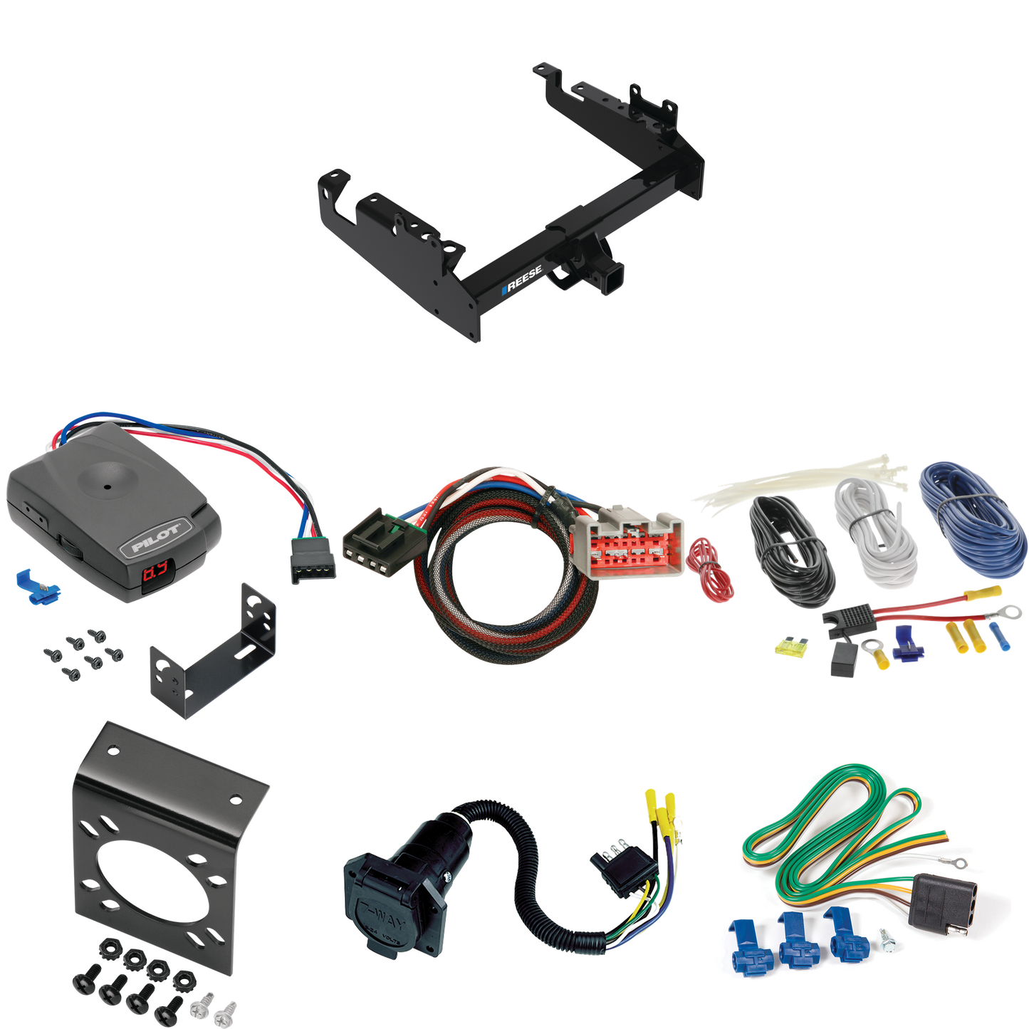 Fits 2019-2023 Ford F-550 Super Duty Trailer Hitch Tow PKG w/ Pro Series Pilot Brake Control + Plug & Play BC Adapter + 7-Way RV Wiring (For Cab & Chassis, w/34" Wide Frames Models) By Reese Towpower