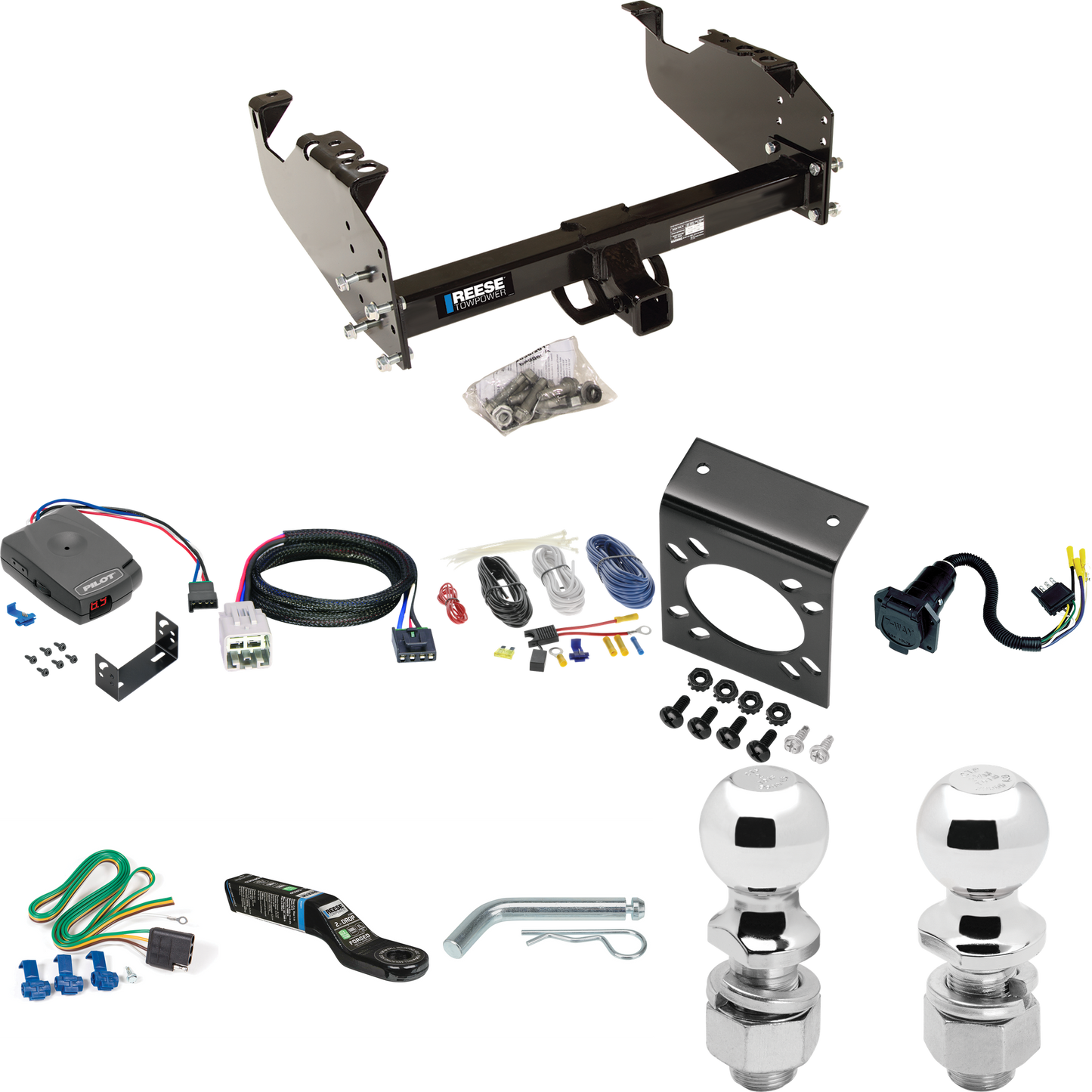 Fits 2005-2007 Ford F-550 Super Duty Trailer Hitch Tow PKG w/ Pro Series Pilot Brake Control + Plug & Play BC Adapter + 7-Way RV Wiring + 2" & 2-5/16" Ball & Drop Mount (For Cab & Chassis, w/34" Wide Frames Models) By Reese Towpower