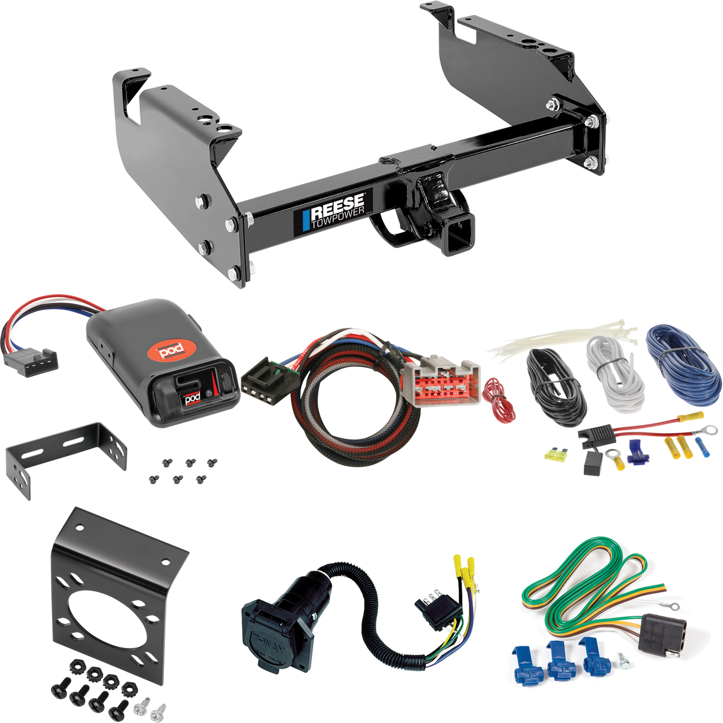 Fits 1999-2016 Ford F-450 Super Duty Trailer Hitch Tow PKG w/ Pro Series POD Brake Control + Plug & Play BC Adapter + 7-Way RV Wiring (For Cab & Chassis, w/34" Wide Frames Models) By Reese Towpower