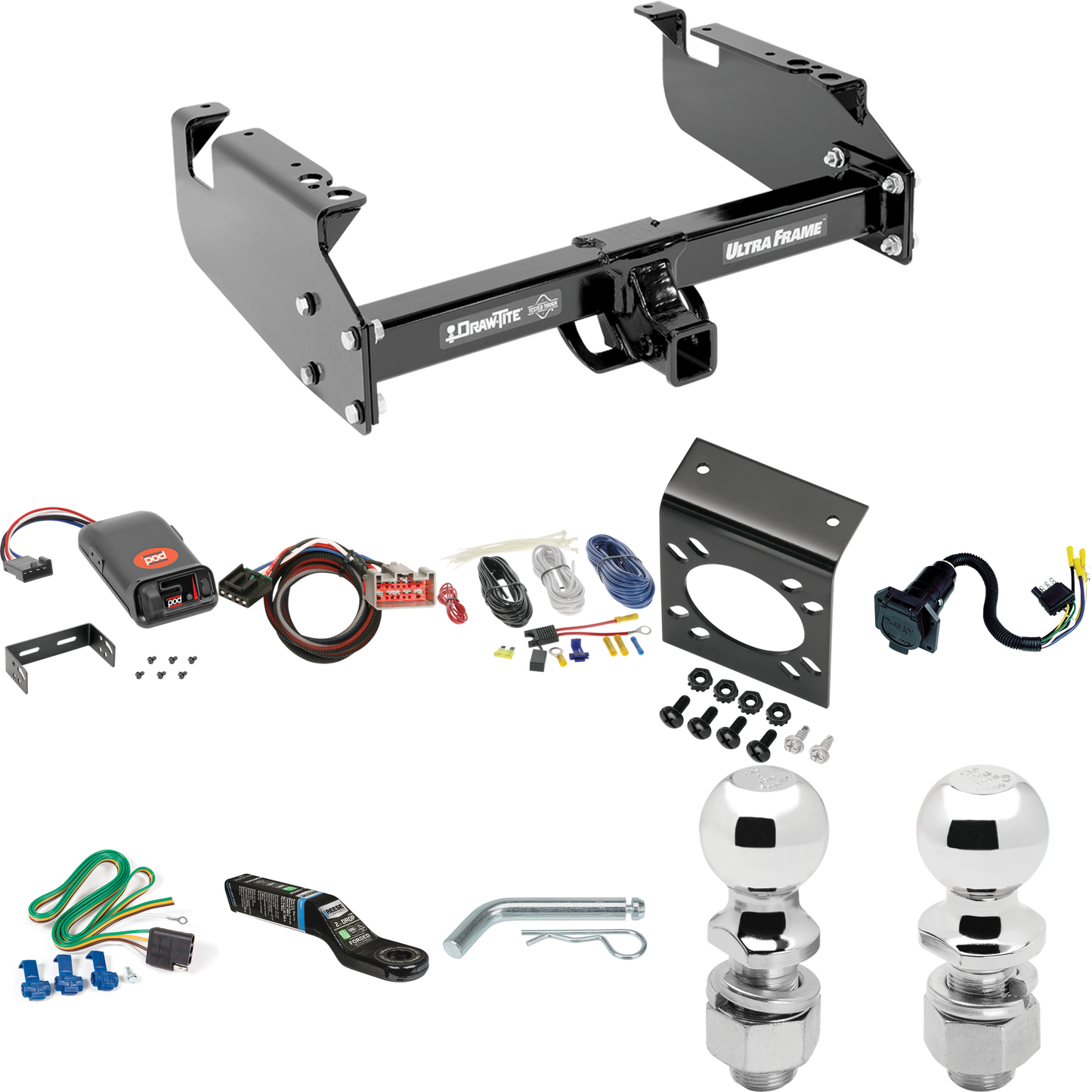 Fits 1999-2016 Ford F-450 Super Duty Trailer Hitch Tow PKG w/ Pro Series POD Brake Control + Plug & Play BC Adapter + 7-Way RV Wiring + 2" & 2-5/16" Ball & Drop Mount (For Cab & Chassis, w/34" Wide Frames Models) By Draw-Tite