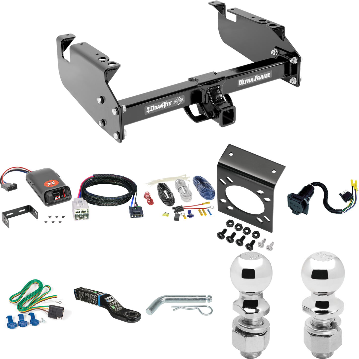 Fits 2005-2007 Ford F-550 Super Duty Trailer Hitch Tow PKG w/ Pro Series POD Brake Control + Plug & Play BC Adapter + 7-Way RV Wiring + 2" & 2-5/16" Ball & Drop Mount (For Cab & Chassis, w/34" Wide Frames Models) By Draw-Tite