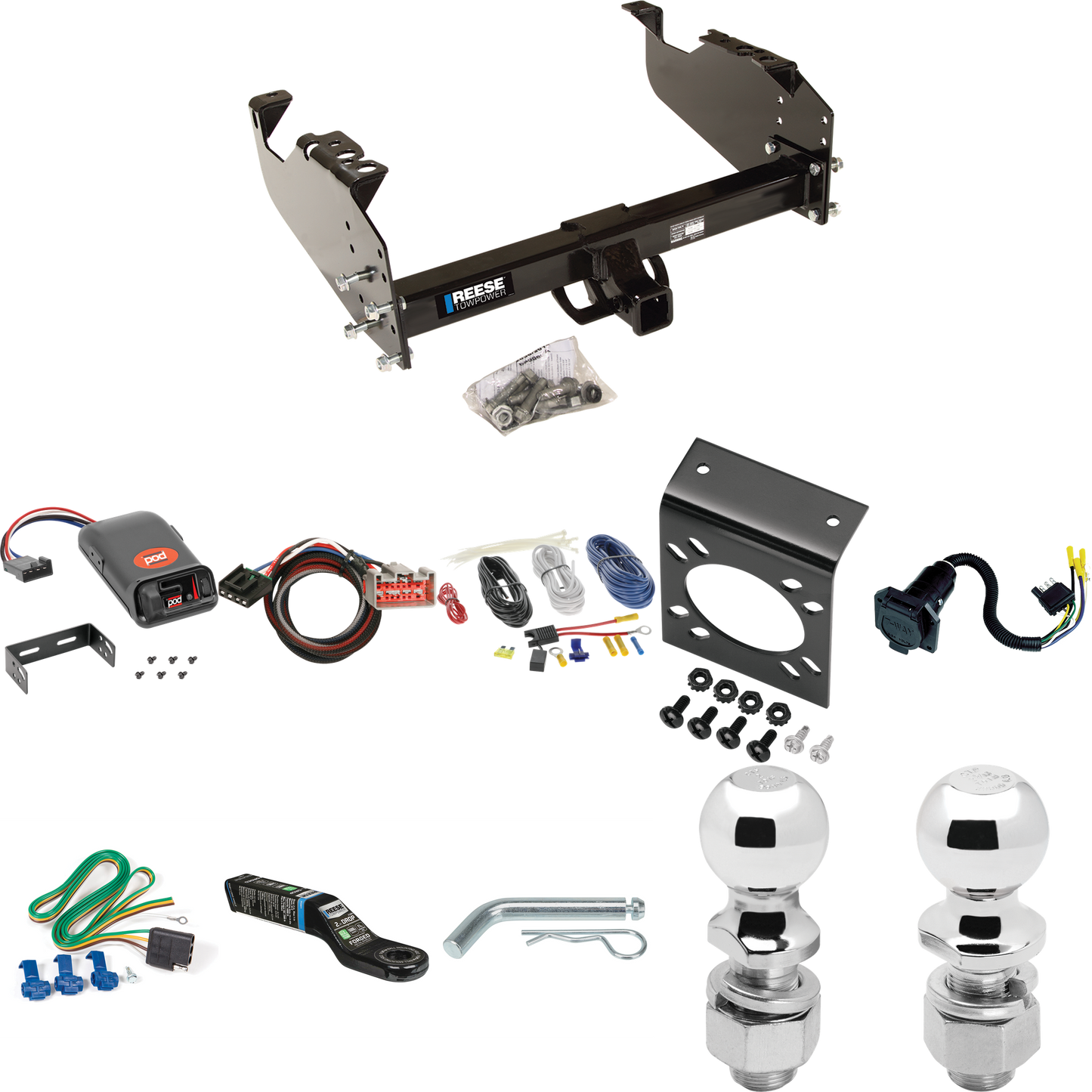 Fits 2001-2020 Ford F-350 Super Duty Trailer Hitch Tow PKG w/ Pro Series POD Brake Control + Plug & Play BC Adapter + 7-Way RV Wiring + 2" & 2-5/16" Ball & Drop Mount (For Cab & Chassis, w/34" Wide Frames Models) By Reese Towpower