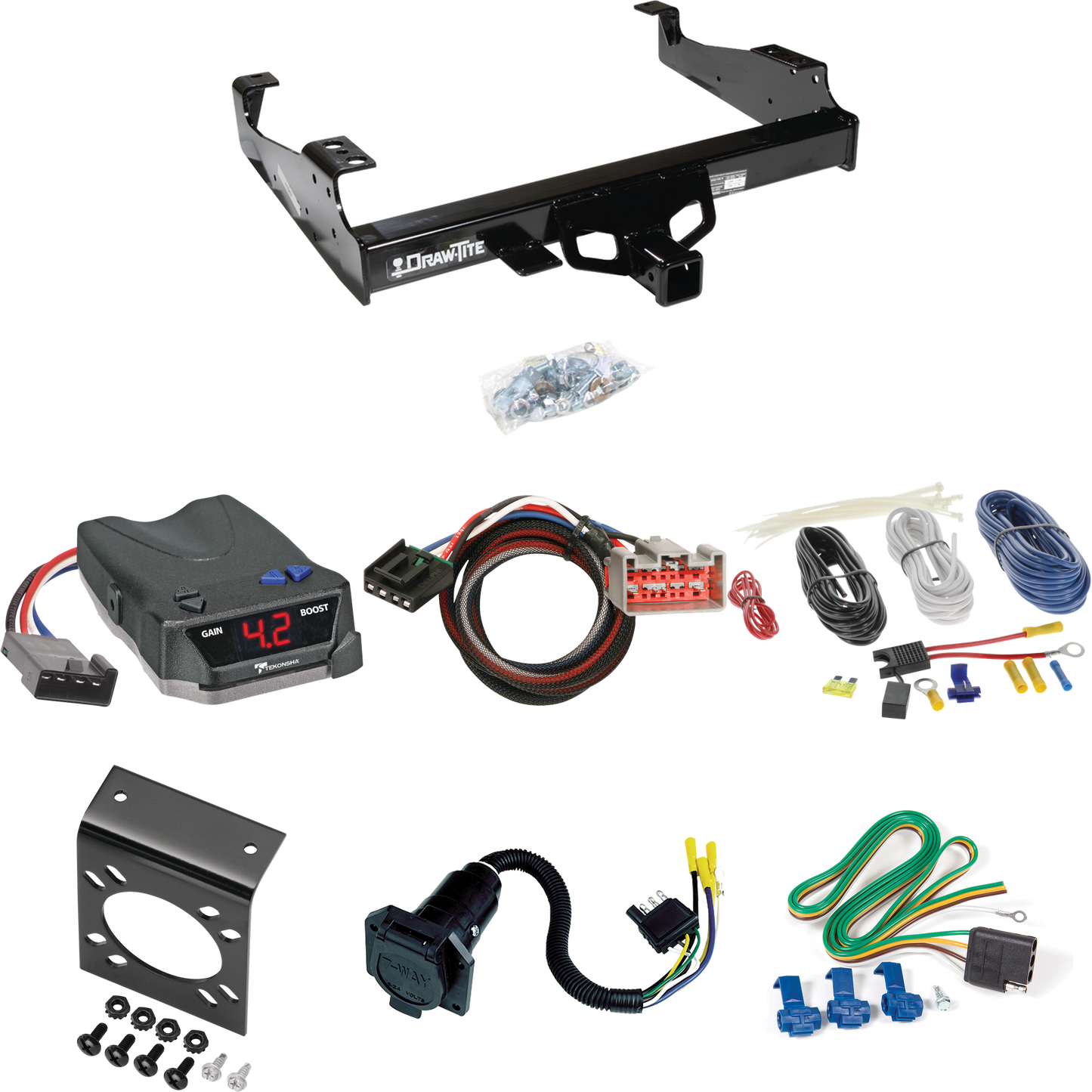 Fits 1999-2016 Ford F-550 Super Duty Trailer Hitch Tow PKG w/ Tekonsha BRAKE-EVN Brake Control + Plug & Play BC Adapter + 7-Way RV Wiring (For Cab & Chassis, w/34" Wide Frames Models) By Draw-Tite