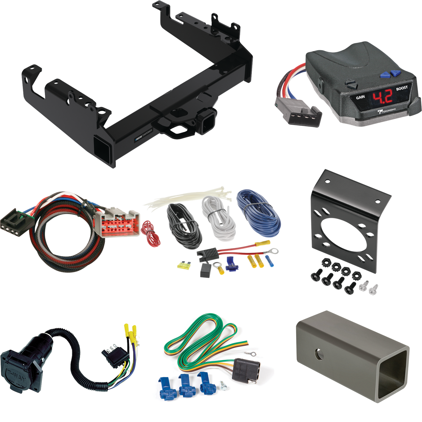 Fits 2019-2023 Ford F-550 Super Duty Trailer Hitch Tow PKG w/ Tekonsha BRAKE-EVN Brake Control + Plug & Play BC Adapter + 7-Way RV Wiring (For Cab & Chassis, w/34" Wide Frames Models) By Reese Towpower