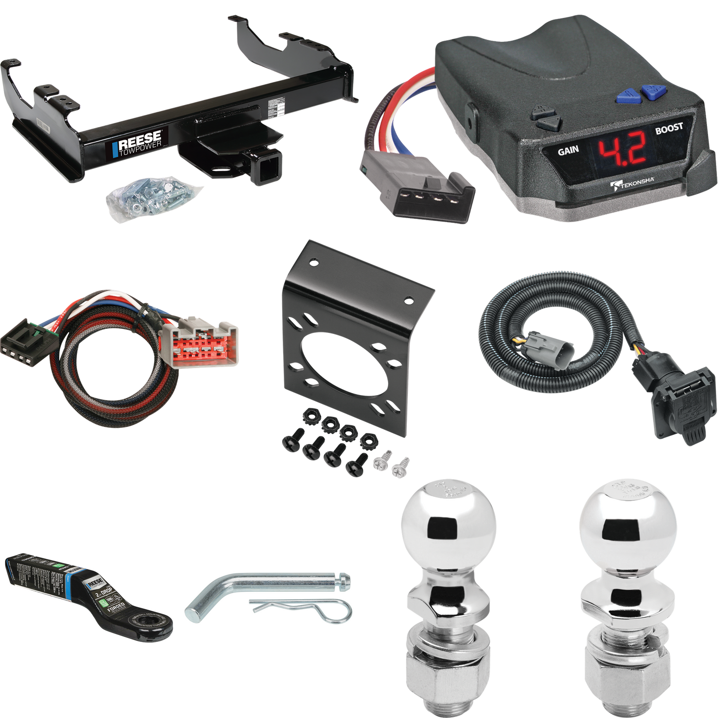 Fits 1999-2000 Ford F-350 Super Duty Trailer Hitch Tow PKG w/ Tekonsha BRAKE-EVN Brake Control + Plug & Play BC Adapter + 7-Way RV Wiring + 2" & 2-5/16" Ball & Drop Mount (For Cab & Chassis, w/34" Wide Frames Models) By Reese Towpower