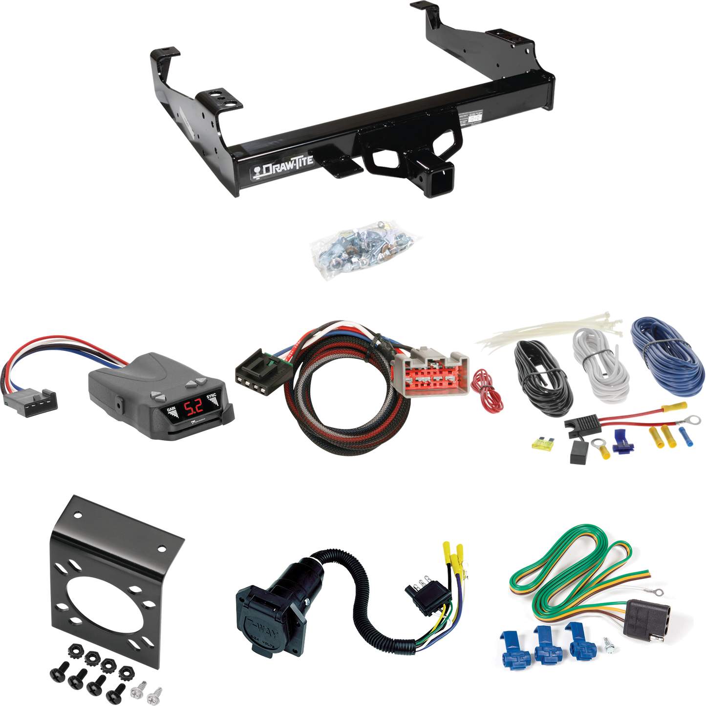 Fits 1999-2000 Ford F-350 Super Duty Trailer Hitch Tow PKG w/ Tekonsha Brakeman IV Brake Control + Plug & Play BC Adapter + 7-Way RV Wiring (For Cab & Chassis, w/34" Wide Frames Models) By Draw-Tite