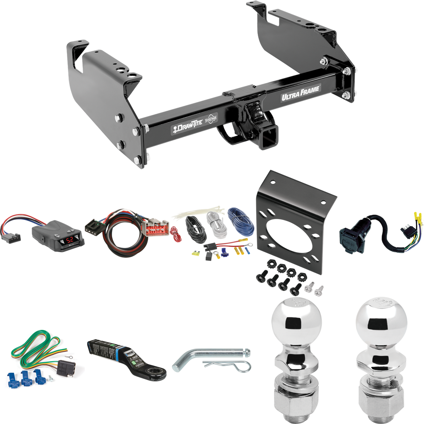 Fits 1999-2016 Ford F-450 Super Duty Trailer Hitch Tow PKG w/ Tekonsha Brakeman IV Brake Control + Plug & Play BC Adapter + 7-Way RV Wiring + 2" & 2-5/16" Ball & Drop Mount (For Cab & Chassis, w/34" Wide Frames Models) By Draw-Tite