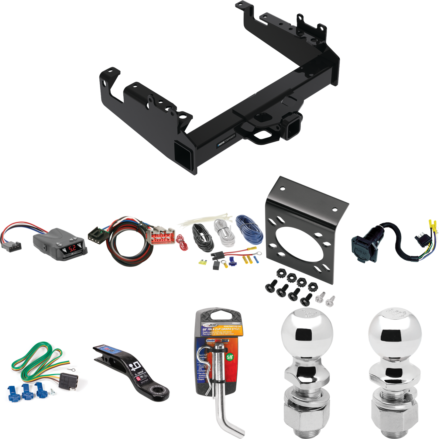 Fits 2019-2023 Ford F-350 Super Duty Trailer Hitch Tow PKG w/ Tekonsha Brakeman IV Brake Control + Plug & Play BC Adapter + 7-Way RV Wiring + 2" & 2-5/16" Ball & Drop Mount (For Cab & Chassis, w/34" Wide Frames Models) By Reese Towpower