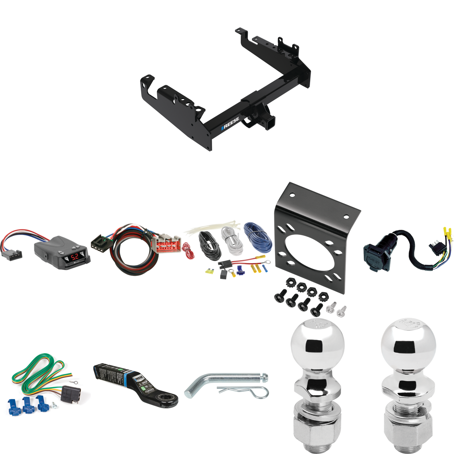 Fits 2019-2023 Ford F-350 Super Duty Trailer Hitch Tow PKG w/ Tekonsha Brakeman IV Brake Control + Plug & Play BC Adapter + 7-Way RV Wiring + 2" & 2-5/16" Ball & Drop Mount (For Cab & Chassis, w/34" Wide Frames Models) By Reese Towpower