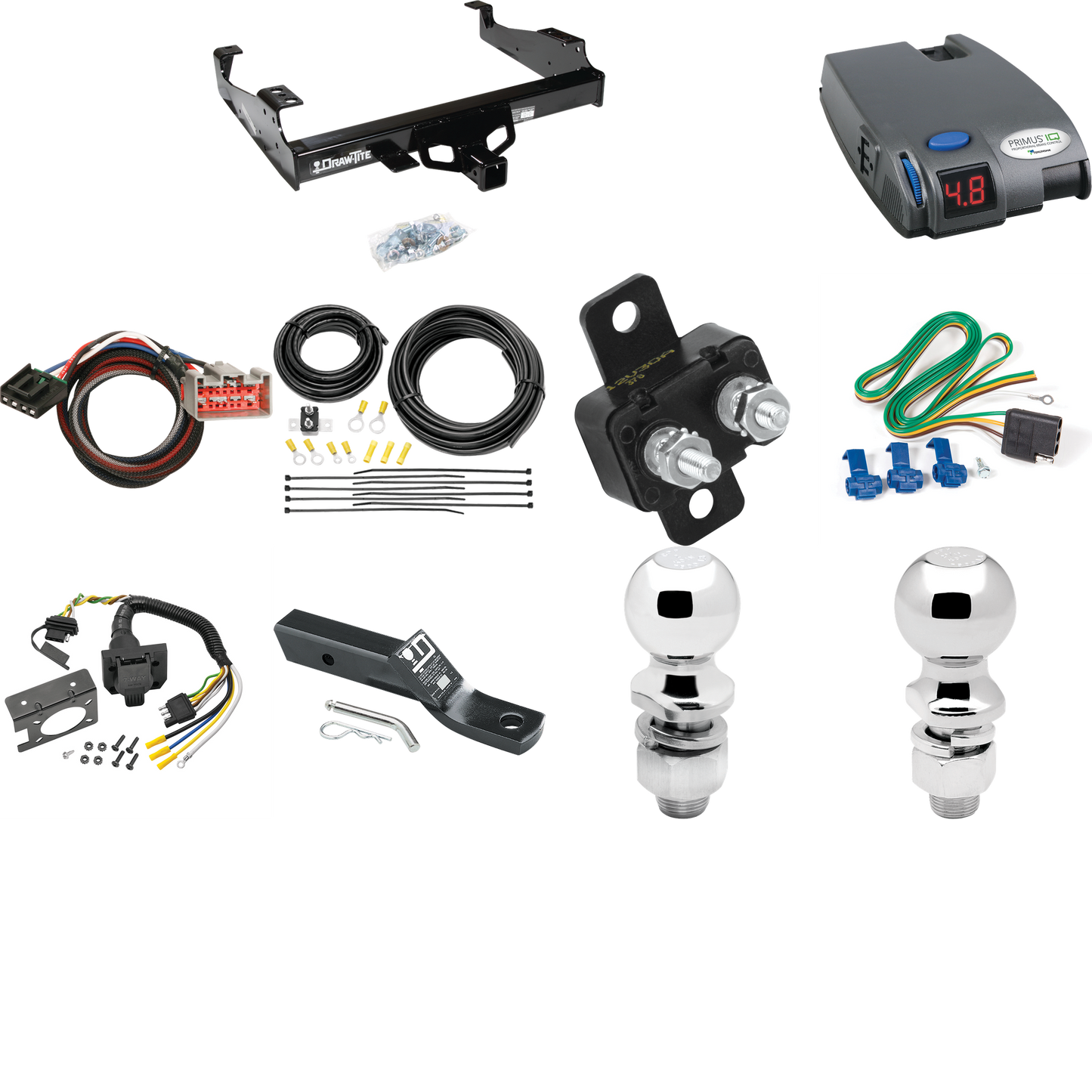 Fits 1999-2004 Ford F-550 Super Duty Trailer Hitch Tow PKG w/ Tekonsha Primus IQ Brake Control + Plug & Play BC Adapter + 7-Way RV Wiring + 2" & 2-5/16" Ball & Drop Mount (For Cab & Chassis, w/34" Wide Frames Models) By Draw-Tite