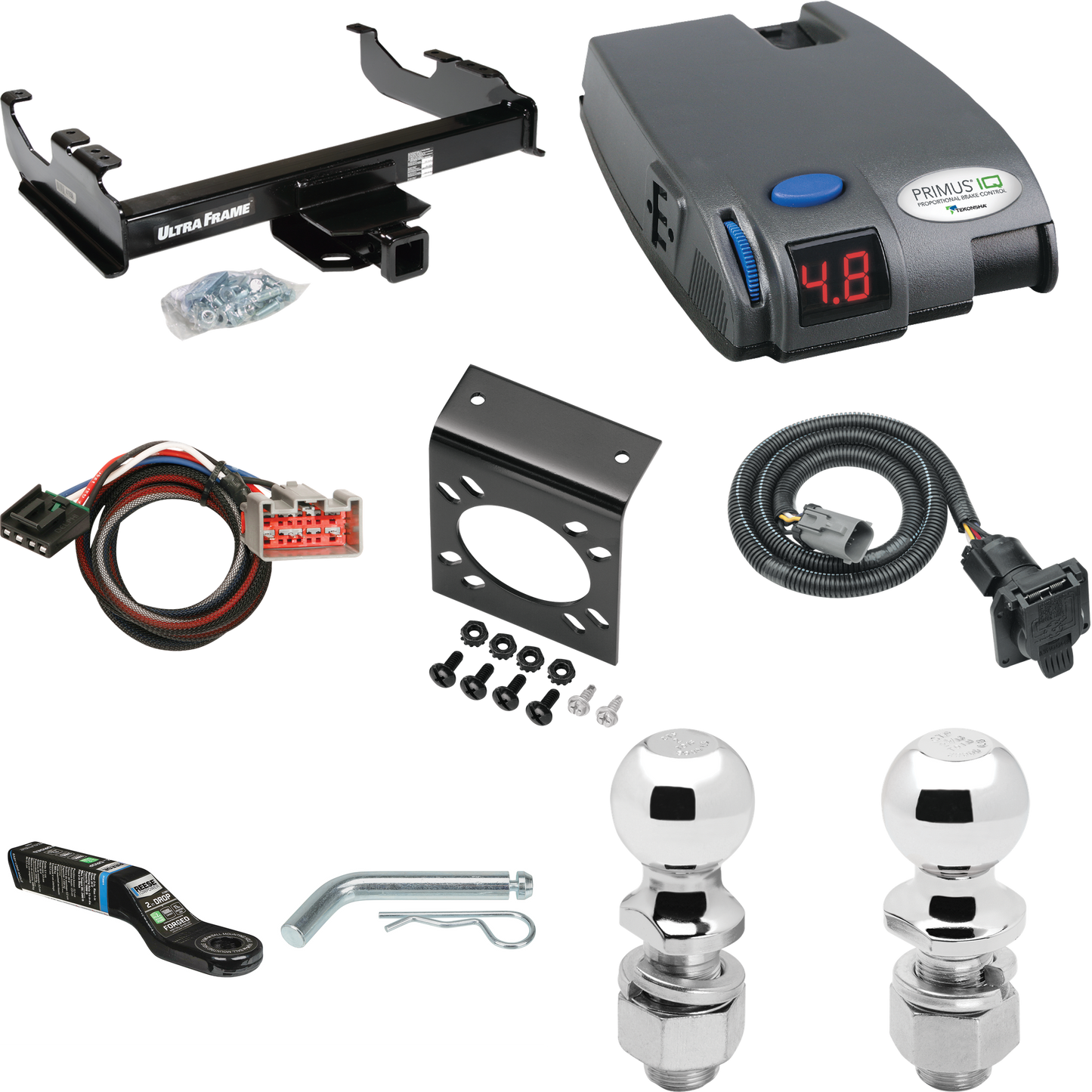 Fits 1999-2000 Ford F-350 Super Duty Trailer Hitch Tow PKG w/ Tekonsha Primus IQ Brake Control + Plug & Play BC Adapter + 7-Way RV Wiring + 2" & 2-5/16" Ball & Drop Mount (For Cab & Chassis, w/34" Wide Frames Models) By Draw-Tite