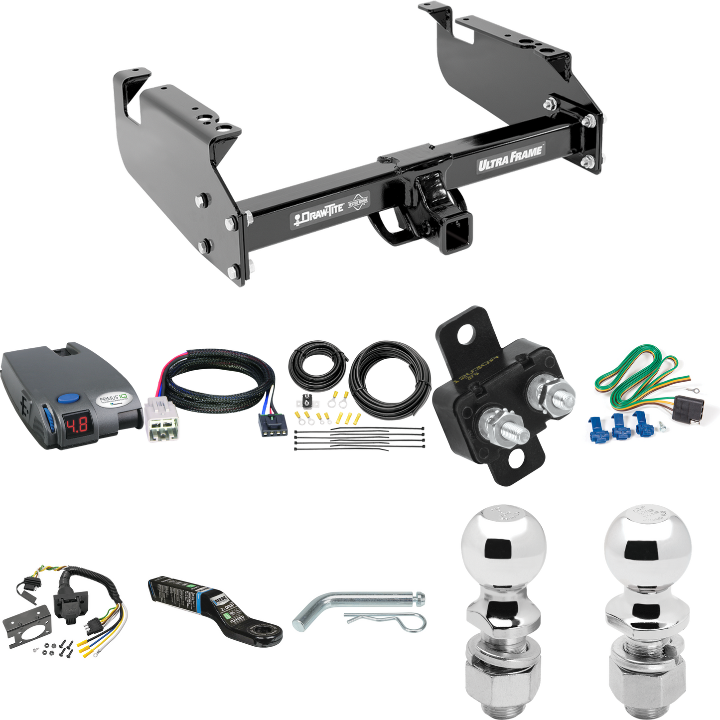 Fits 2005-2007 Ford F-550 Super Duty Trailer Hitch Tow PKG w/ Tekonsha Primus IQ Brake Control + Plug & Play BC Adapter + 7-Way RV Wiring + 2" & 2-5/16" Ball & Drop Mount (For Cab & Chassis, w/34" Wide Frames Models) By Draw-Tite