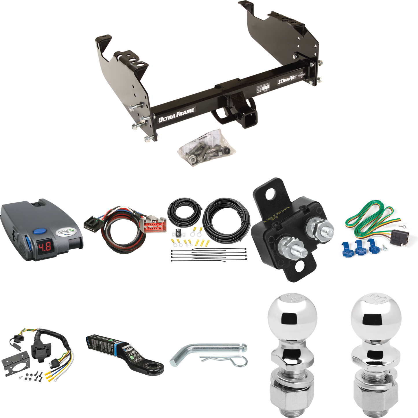 Fits 1999-2004 Ford F-450 Super Duty Trailer Hitch Tow PKG w/ Tekonsha Primus IQ Brake Control + Plug & Play BC Adapter + 7-Way RV Wiring + 2" & 2-5/16" Ball & Drop Mount (For Cab & Chassis, w/34" Wide Frames Models) By Draw-Tite