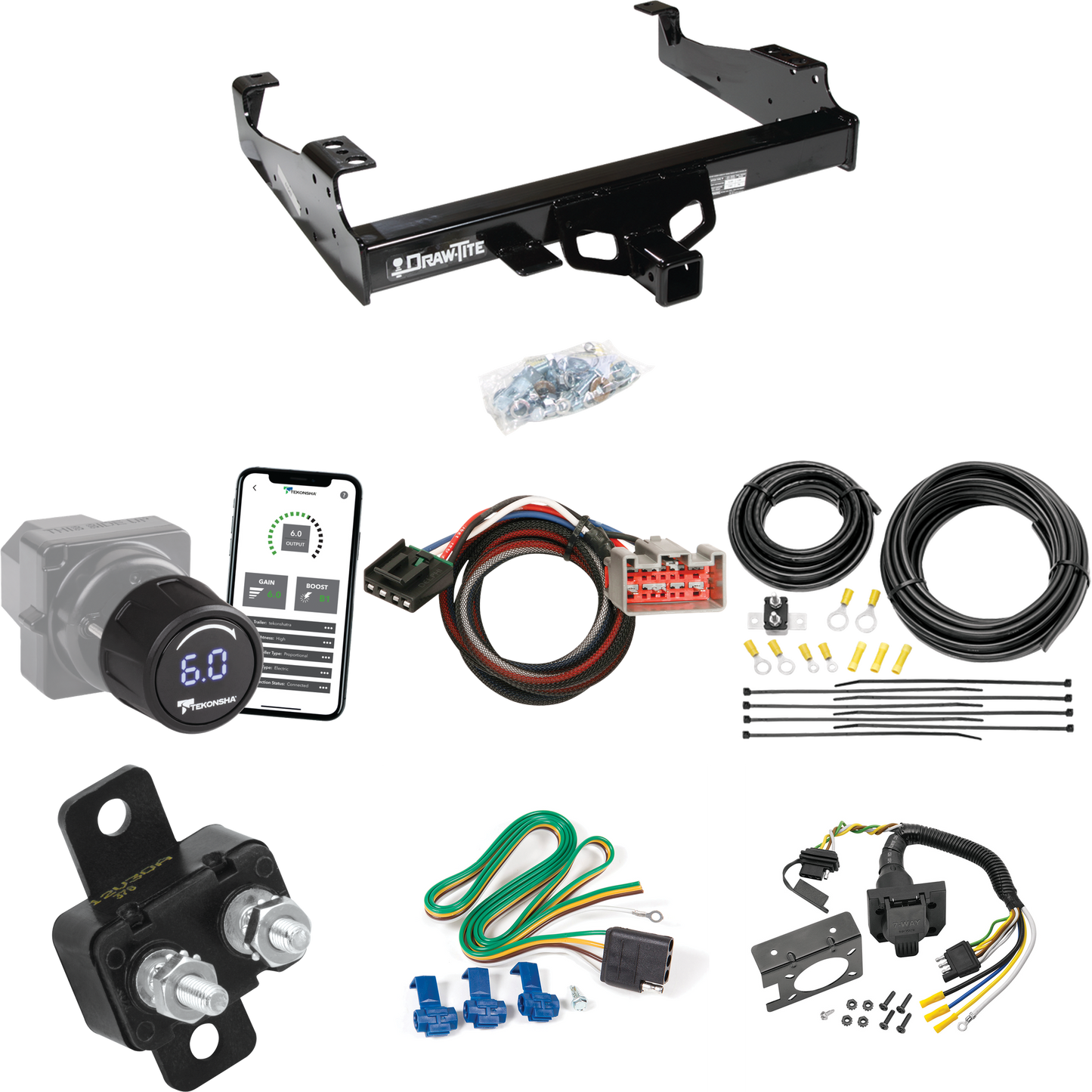 Fits 1999-2004 Ford F-450 Super Duty Trailer Hitch Tow PKG w/ Tekonsha Prodigy iD Bluetooth Wireless Brake Control + Plug & Play BC Adapter + 7-Way RV Wiring (For Cab & Chassis, w/34" Wide Frames Models) By Draw-Tite