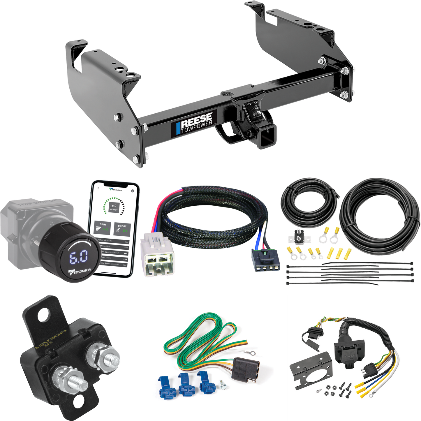 Fits 2005-2007 Ford F-350 Super Duty Trailer Hitch Tow PKG w/ Tekonsha Prodigy iD Bluetooth Wireless Brake Control + Plug & Play BC Adapter + 7-Way RV Wiring (For Cab & Chassis, w/34" Wide Frames Models) By Reese Towpower