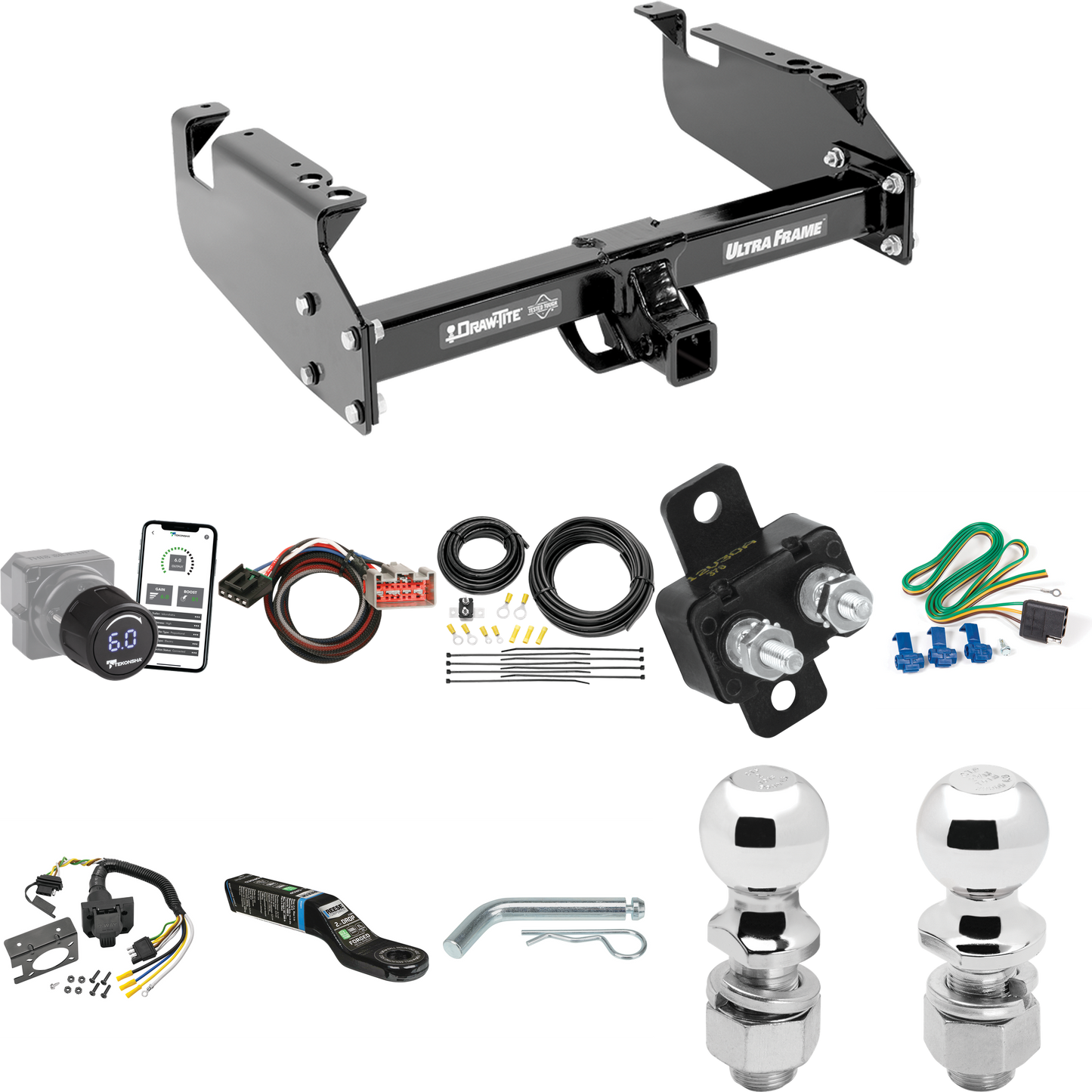 Fits 2008-2016 Ford F-450 Super Duty Trailer Hitch Tow PKG w/ Tekonsha Prodigy iD Bluetooth Wireless Brake Control + Plug & Play BC Adapter + 7-Way RV Wiring + 2" & 2-5/16" Ball & Drop Mount (For Cab & Chassis, w/34" Wide Frames Models) By Draw-Tite