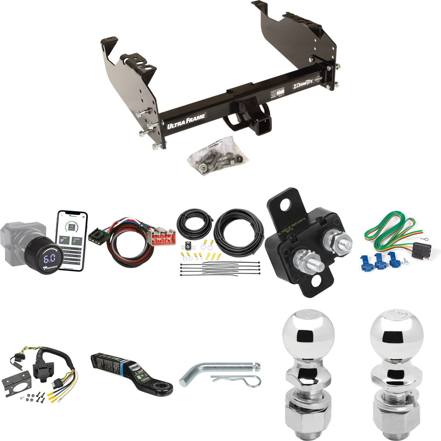 Fits 2017-2019 Ford F-450 Super Duty Trailer Hitch Tow PKG w/ Tekonsha Prodigy iD Bluetooth Wireless Brake Control + Plug & Play BC Adapter + 7-Way RV Wiring + 2" & 2-5/16" Ball & Drop Mount (For Cab & Chassis, w/34" Wide Frames Models) By Draw-Tite