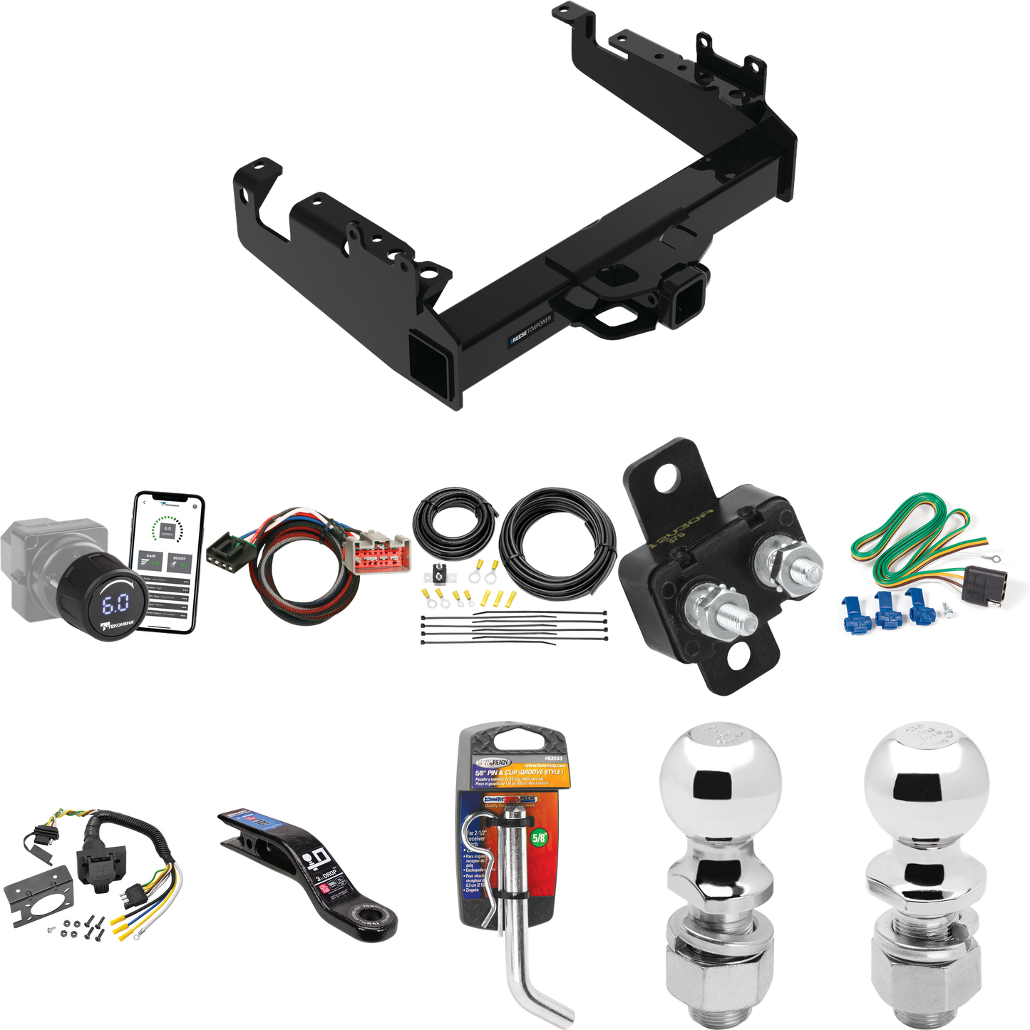 Fits 2019-2023 Ford F-450 Super Duty Trailer Hitch Tow PKG w/ Tekonsha Prodigy iD Bluetooth Wireless Brake Control + Plug & Play BC Adapter + 7-Way RV Wiring + 2" & 2-5/16" Ball & Drop Mount (For Cab & Chassis, w/34" Wide Frames Models) By Reese Towp