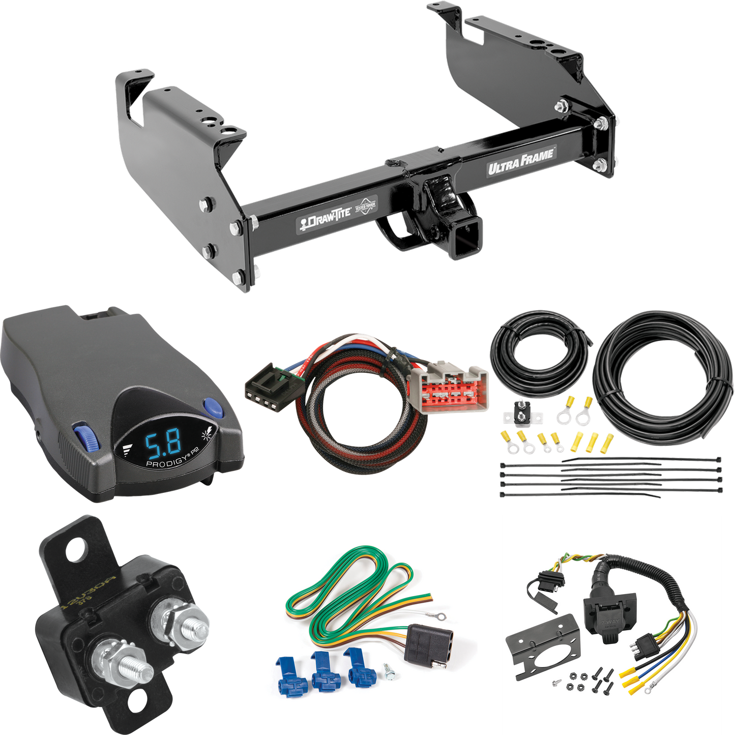 Fits 2008-2016 Ford F-350 Super Duty Trailer Hitch Tow PKG w/ Tekonsha Prodigy P2 Brake Control + Plug & Play BC Adapter + 7-Way RV Wiring (For Cab & Chassis, w/34" Wide Frames Models) By Draw-Tite