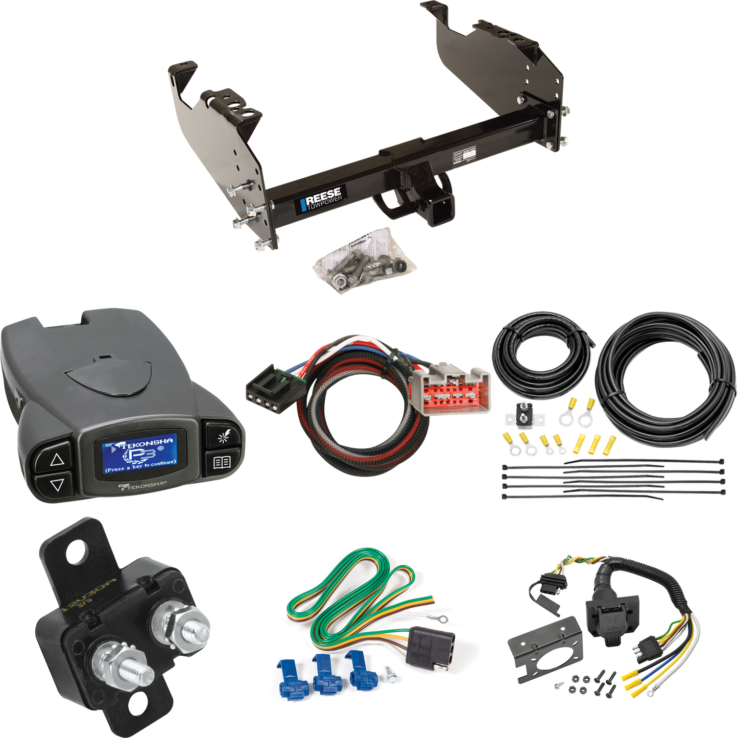 Fits 1999-2004 Ford F-450 Super Duty Trailer Hitch Tow PKG w/ Tekonsha Prodigy P3 Brake Control + Plug & Play BC Adapter + 7-Way RV Wiring (For Cab & Chassis, w/34" Wide Frames Models) By Reese Towpower