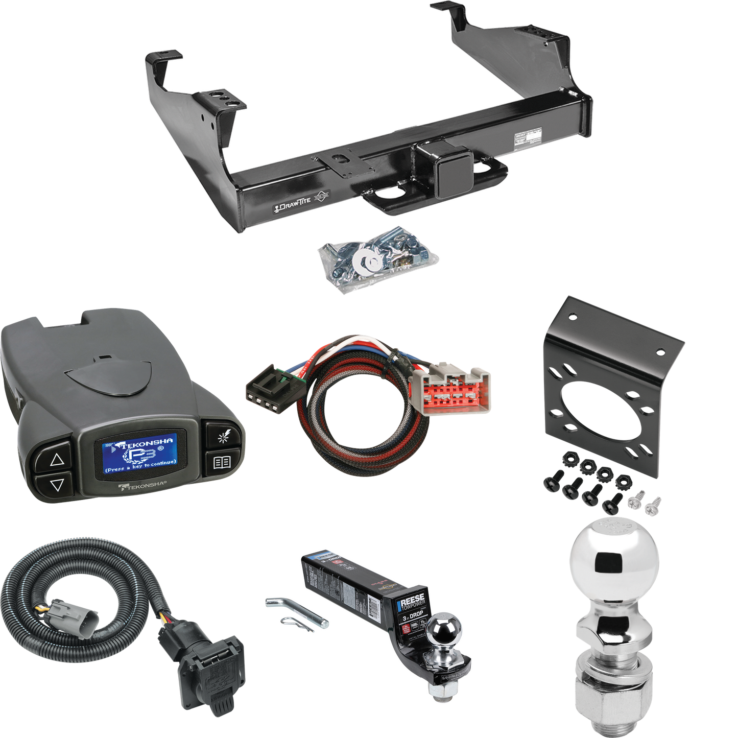 Fits 1999-2000 Ford F-350 Super Duty Trailer Hitch Tow PKG w/ Tekonsha Prodigy P3 Brake Control + Plug & Play BC Adapter + 7-Way RV Wiring + 2" & 2-5/16" Ball & Drop Mount (For Cab & Chassis, w/34" Wide Frames Models) By Draw-Tite