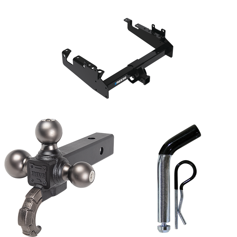 Fits 2019-2023 Ford F-450 Super Duty Trailer Hitch Tow PKG w/ Triple Ball Ball Mount 1-7/8" & 2" & 2-5/16" Trailer Balls w/ Tow Hook + Pin/Clip (For Cab & Chassis, w/34" Wide Frames Models) By Reese Towpower