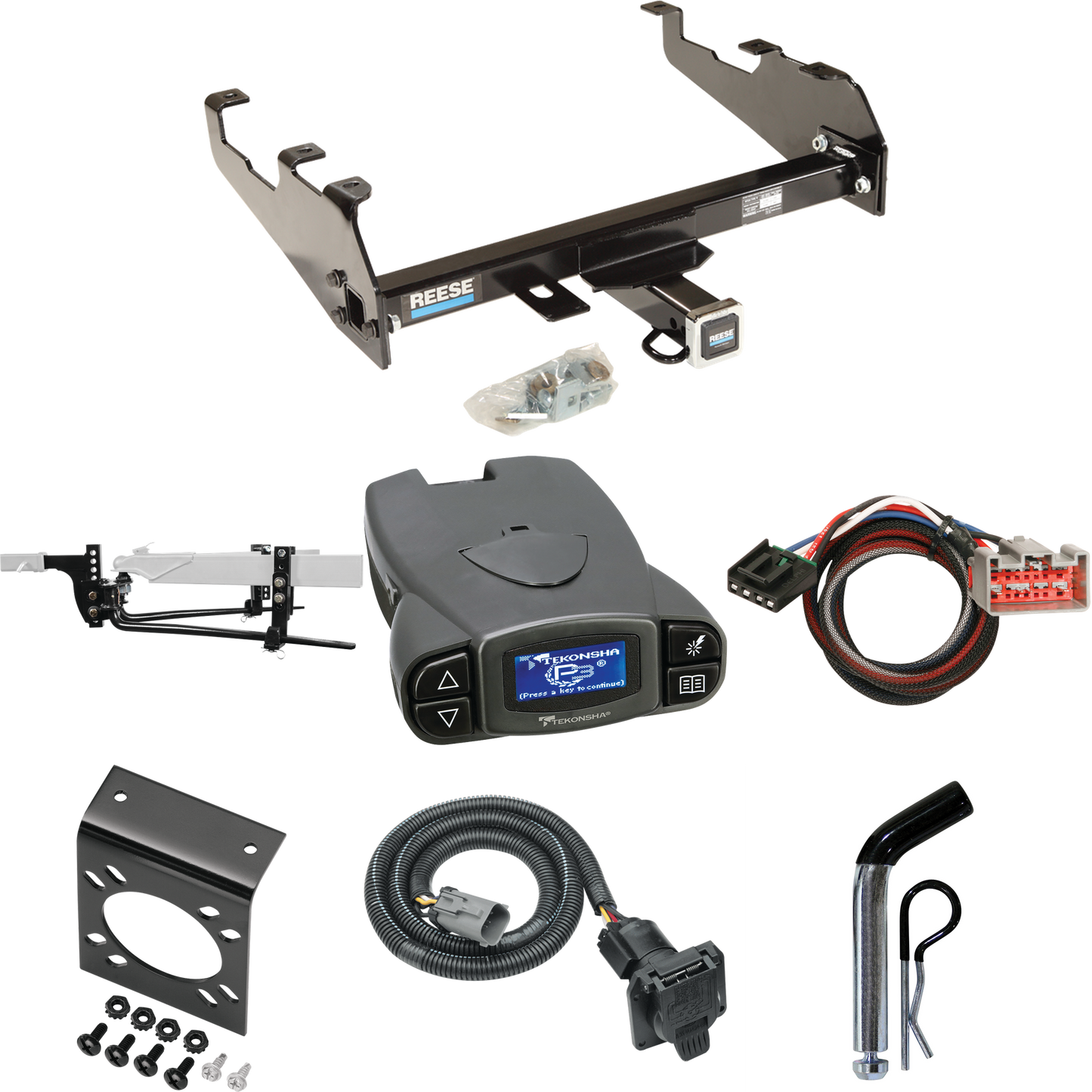 Fits 1999-2000 Ford F-350 Super Duty Trailer Hitch Tow PKG w/ 11.5K Round Bar Weight Distribution Hitch w/ 2-5/16" Ball + Pin/Clip + Tekonsha Prodigy P3 Brake Control + Plug & Play BC Adapter + 7-Way RV Wiring (For Cab & Chassis, w/34" Wide Frames &