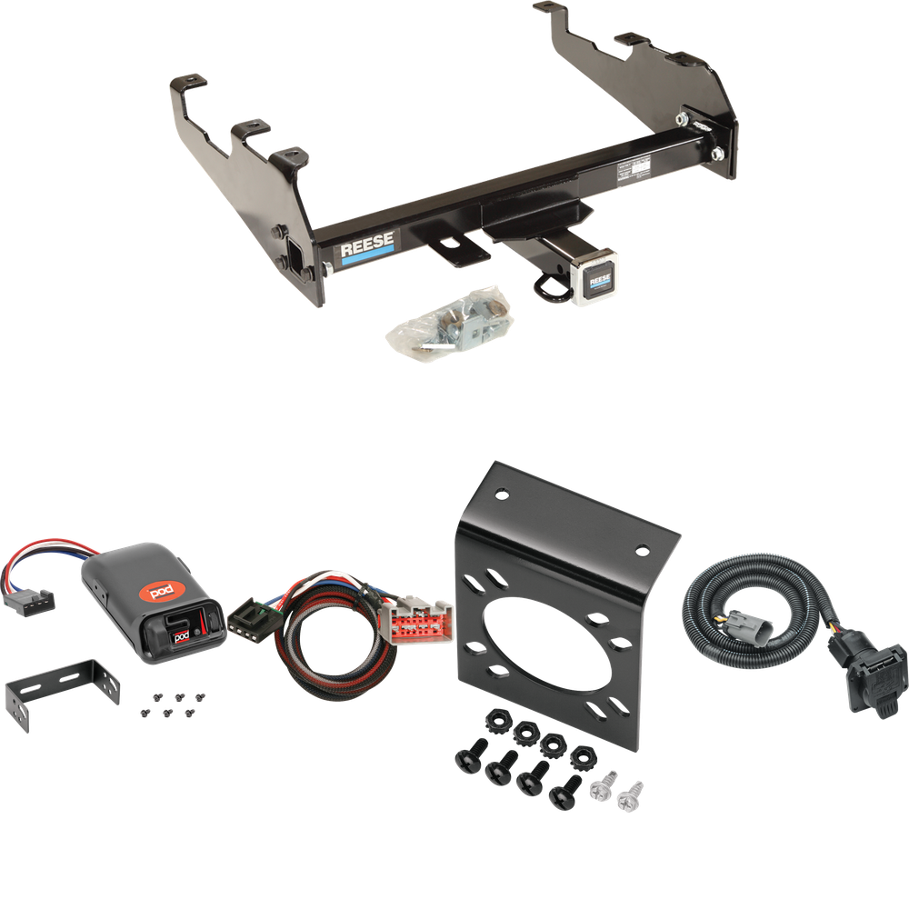 Fits 1999-2000 Ford F-350 Super Duty Trailer Hitch Tow PKG w/ Pro Series POD Brake Control + Plug & Play BC Adapter + 7-Way RV Wiring (For Cab & Chassis, w/34" Wide Frames & w/Deep Drop Bumper Models) By Reese Towpower