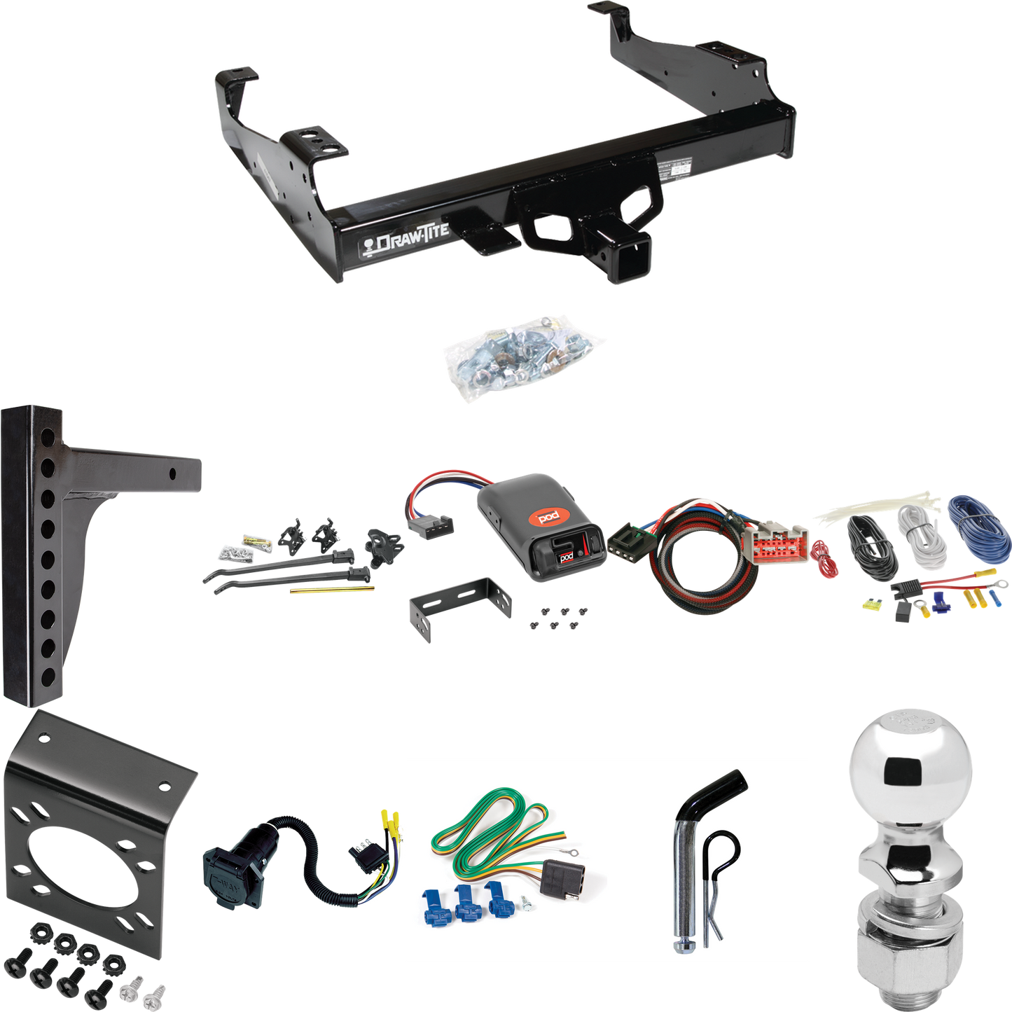 Fits 2017-2023 Ford F-450 Super Duty Trailer Hitch Tow PKG w/ 12K Trunnion Bar Weight Distribution Hitch + Pin/Clip + 2-5/16" Ball + Pro Series POD Brake Control + Plug & Play BC Adapter + 7-Way RV Wiring (For Cab & Chassis, w/34" Wide Frames Models)