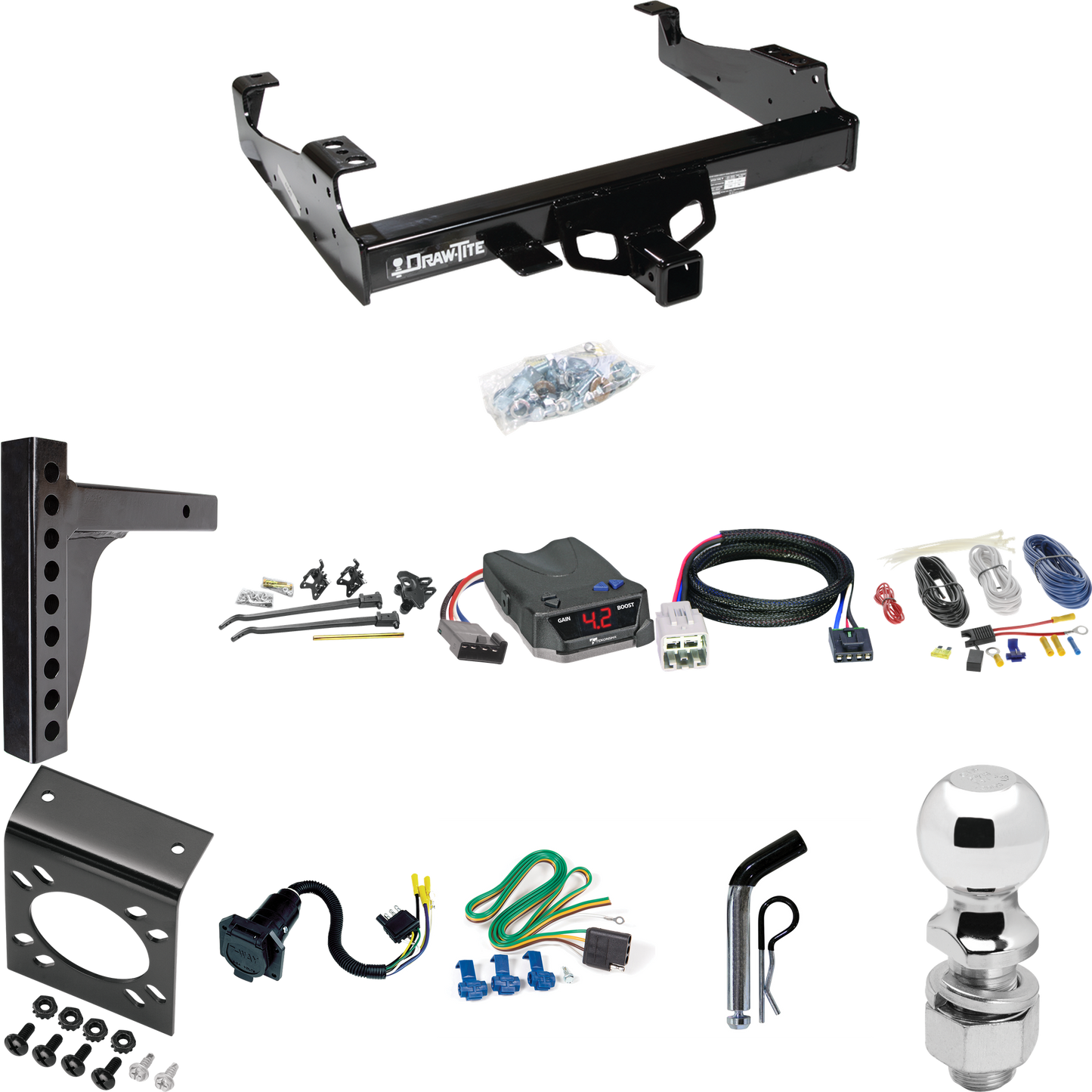 Fits 2005-2007 Ford F-450 Super Duty Trailer Hitch Tow PKG w/ 12K Trunnion Bar Weight Distribution Hitch + Pin/Clip + 2-5/16" Ball + Tekonsha BRAKE-EVN Brake Control + Plug & Play BC Adapter + 7-Way RV Wiring (For Cab & Chassis, w/34" Wide Frames Mod