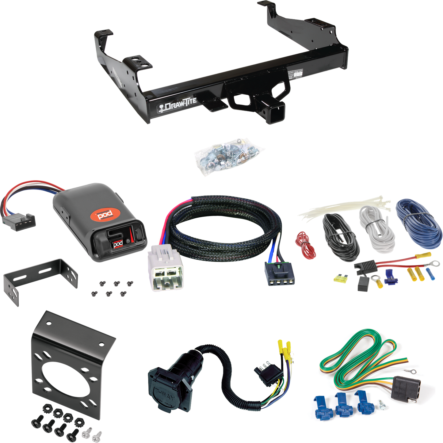 Fits 2005-2007 Ford F-550 Super Duty Trailer Hitch Tow PKG w/ Pro Series POD Brake Control + Plug & Play BC Adapter + 7-Way RV Wiring (For Cab & Chassis, w/34" Wide Frames Models) By Draw-Tite