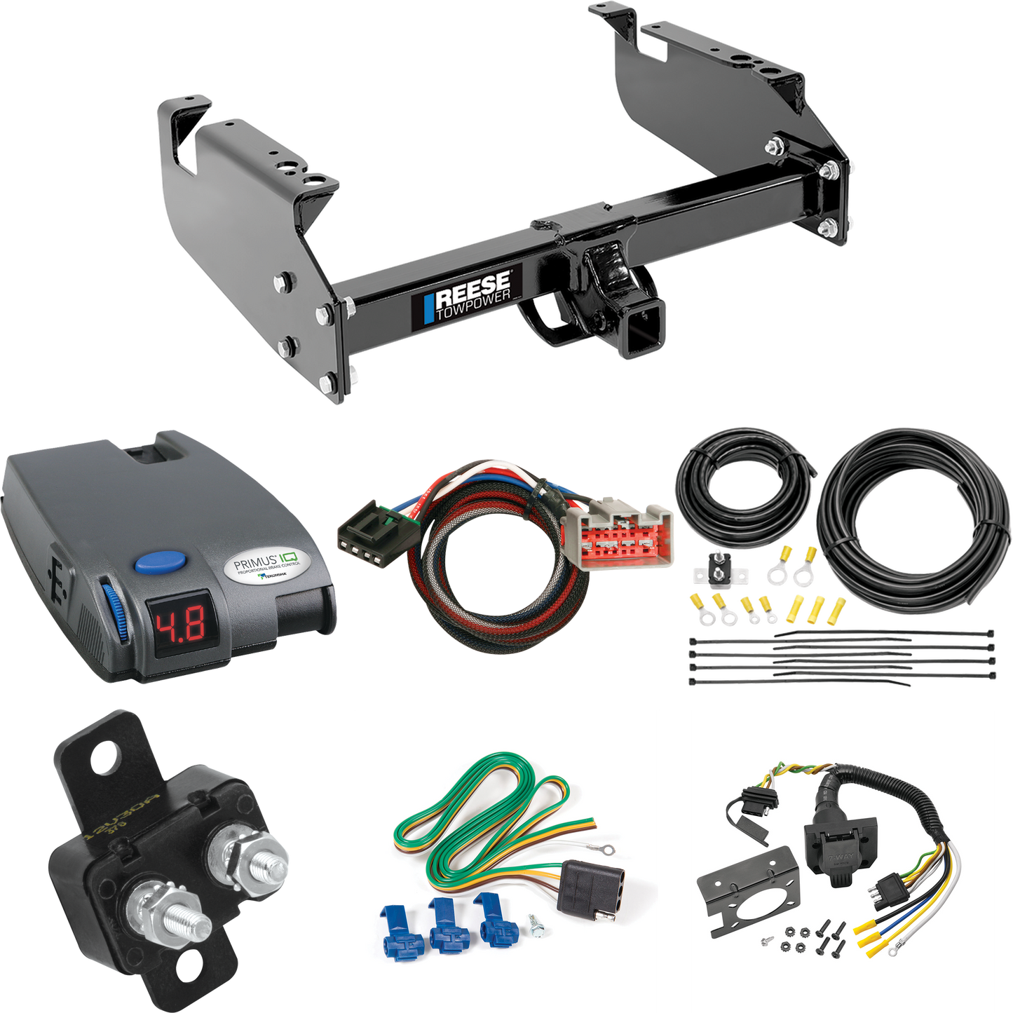 Fits 2017-2019 Ford F-550 Super Duty Trailer Hitch Tow PKG w/ Tekonsha Primus IQ Brake Control + Plug & Play BC Adapter + 7-Way RV Wiring (For Cab & Chassis, w/34" Wide Frames Models) By Reese Towpower