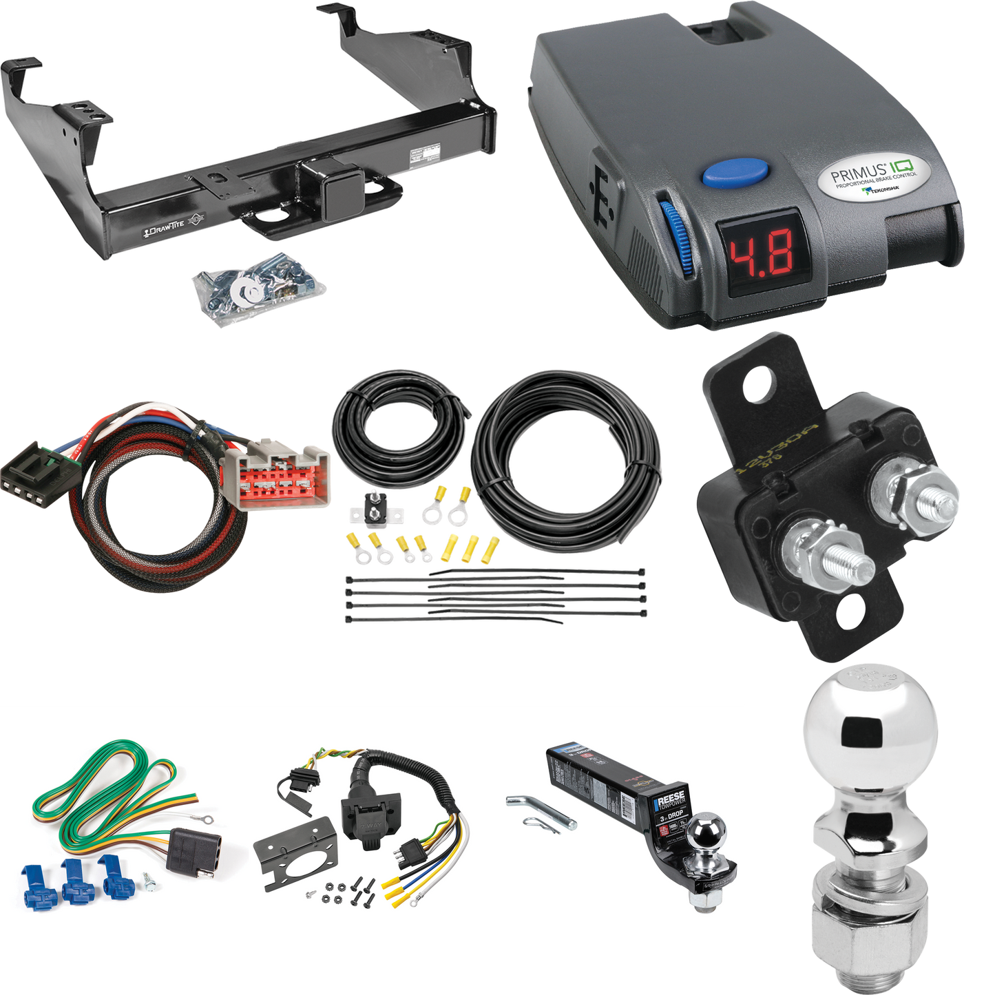 Fits 1999-2004 Ford F-550 Super Duty Trailer Hitch Tow PKG w/ Tekonsha Primus IQ Brake Control + Plug & Play BC Adapter + 7-Way RV Wiring + 2" & 2-5/16" Ball & Drop Mount (For Cab & Chassis, w/34" Wide Frames Models) By Draw-Tite