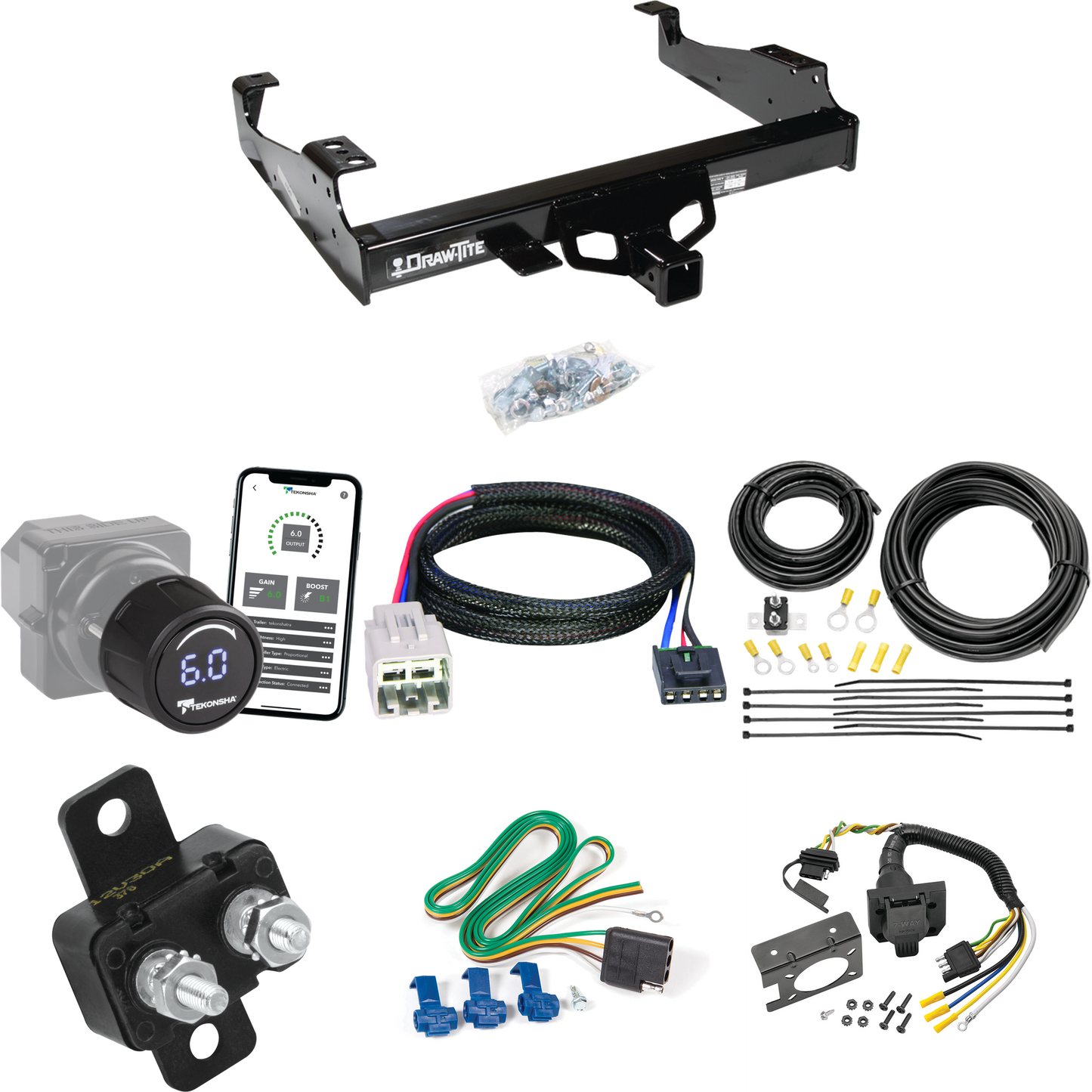 Fits 2005-2007 Ford F-550 Super Duty Trailer Hitch Tow PKG w/ Tekonsha Prodigy iD Bluetooth Wireless Brake Control + Plug & Play BC Adapter + 7-Way RV Wiring (For Cab & Chassis, w/34" Wide Frames Models) By Draw-Tite